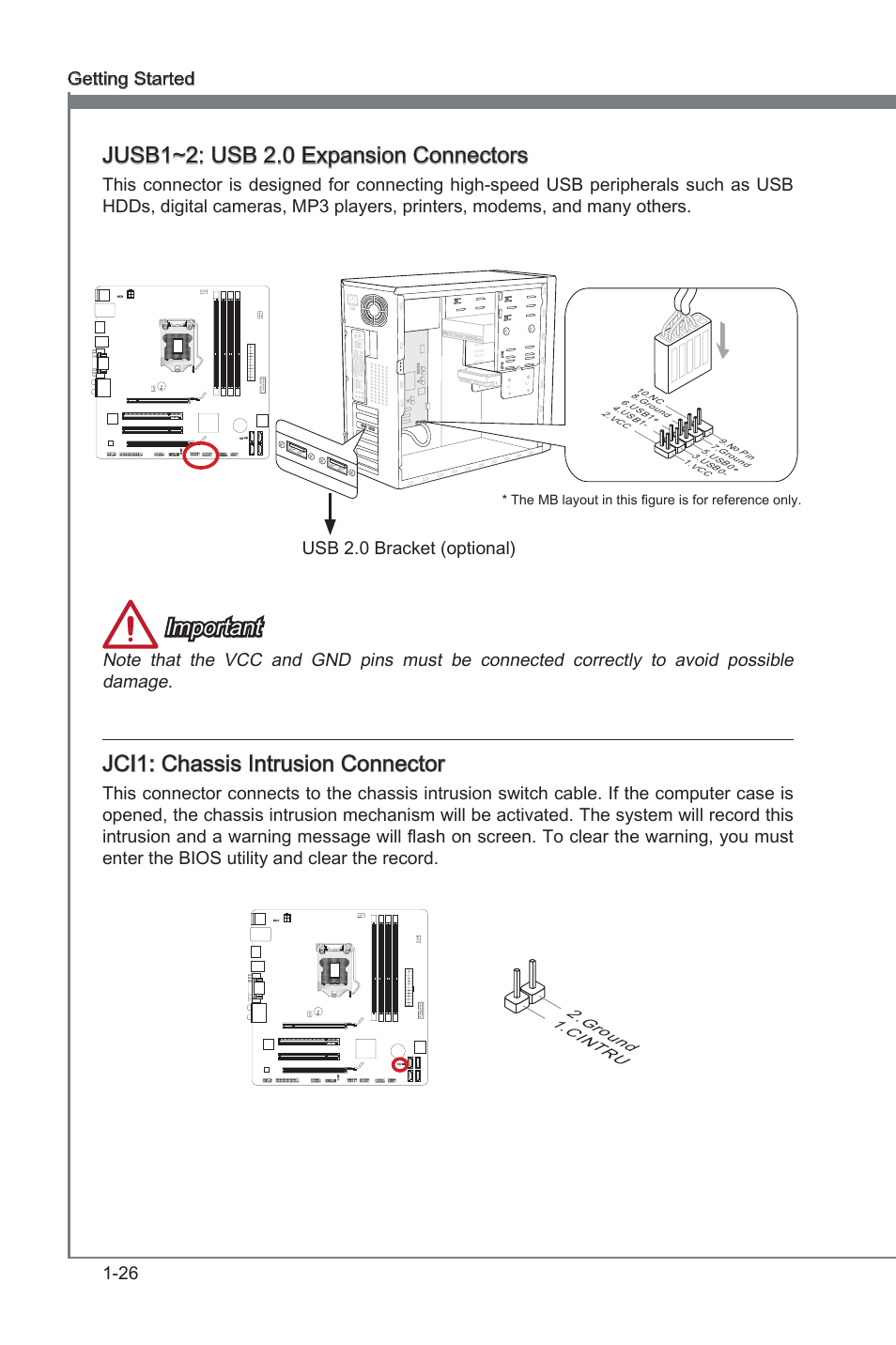 Jci1, Chasss intruson connector, Jusb1~2 | Usb 2.0 expanson connectors, Jusb1~2: usb 2.0 expanson connectors, Important, Jci1: chasss intruson connector, 26 gettng started, Usb 2.0 bracket (optonal) | MSI B75MA-G43 User Manual | Page 36 / 76