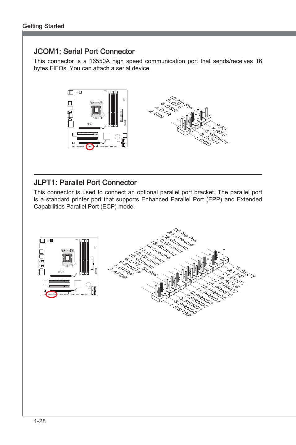 Jcom1, Seral port connector, Jlpt1 | Parallel port connector, Jcom1: seral port connector, Jlpt1: parallel port connector | MSI B75MA-G43 User Manual | Page 38 / 76