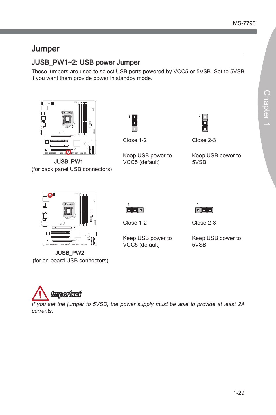 Jumper, Jumper -29, Jusb_pw1~2 | Usb power jumper, Chapter 1 jumper, Jusb_pw1~2: usb power jumper, Important | MSI B75MA-G43 User Manual | Page 39 / 76