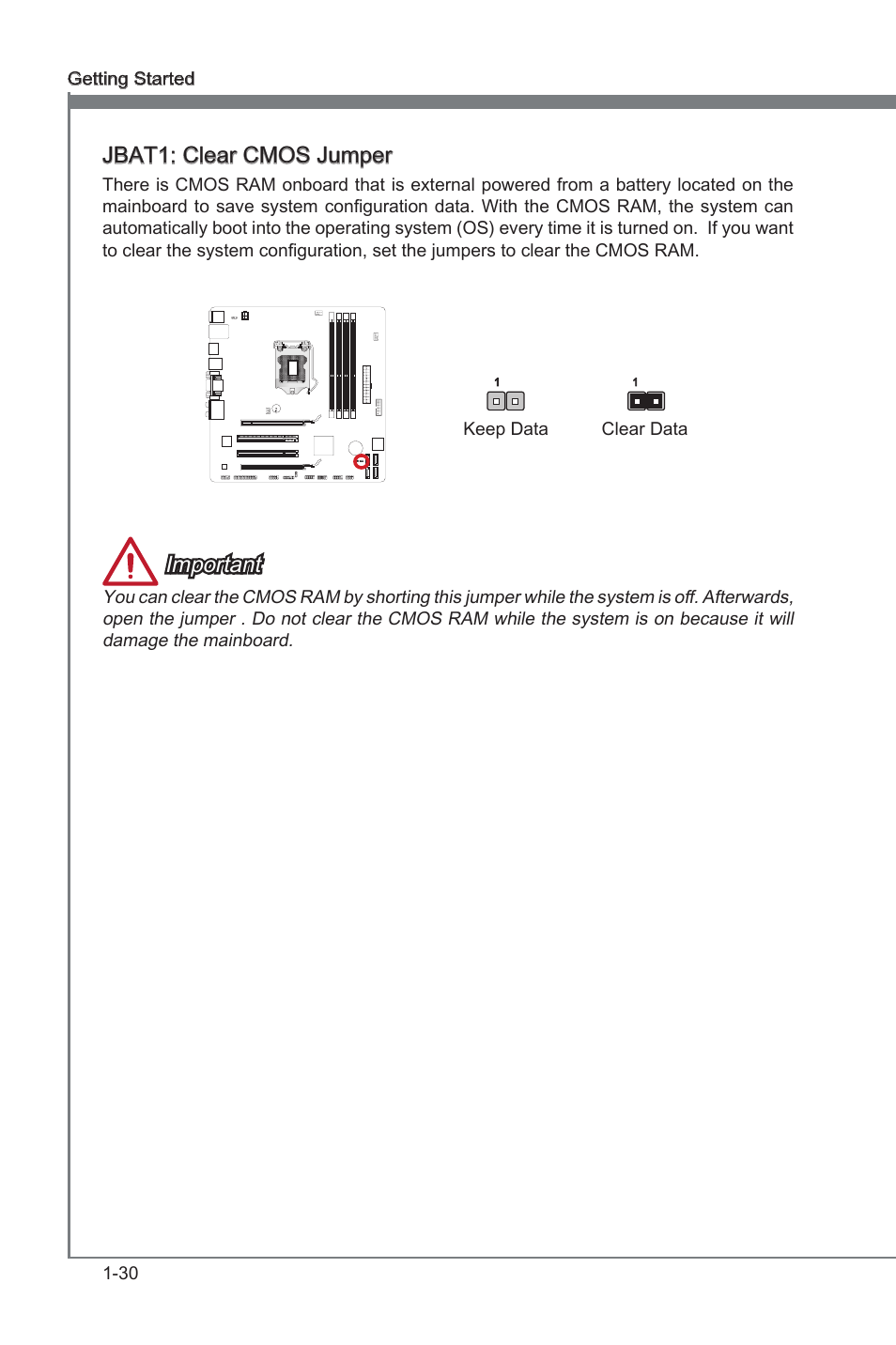 Jbat1, Clear cmos jumper, Jbat1: clear cmos jumper | Important | MSI B75MA-G43 User Manual | Page 40 / 76