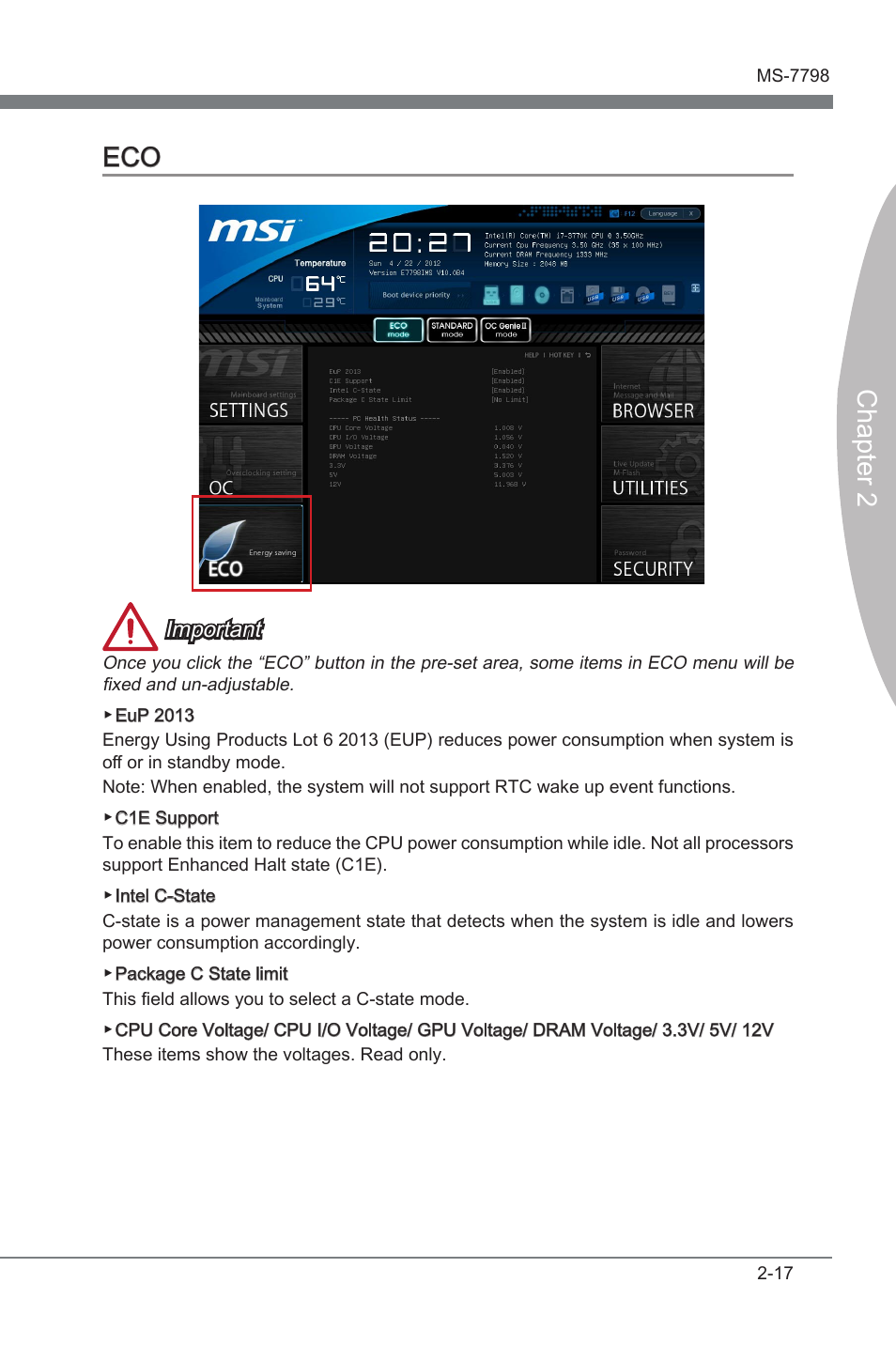 Eco -17, Chapter 2 eco, Important | MSI B75MA-G43 User Manual | Page 57 / 76