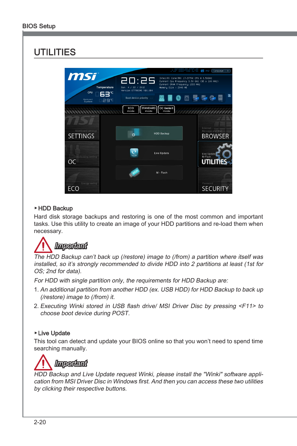 Utilities, Utilities -20, Important | MSI B75MA-G43 User Manual | Page 60 / 76