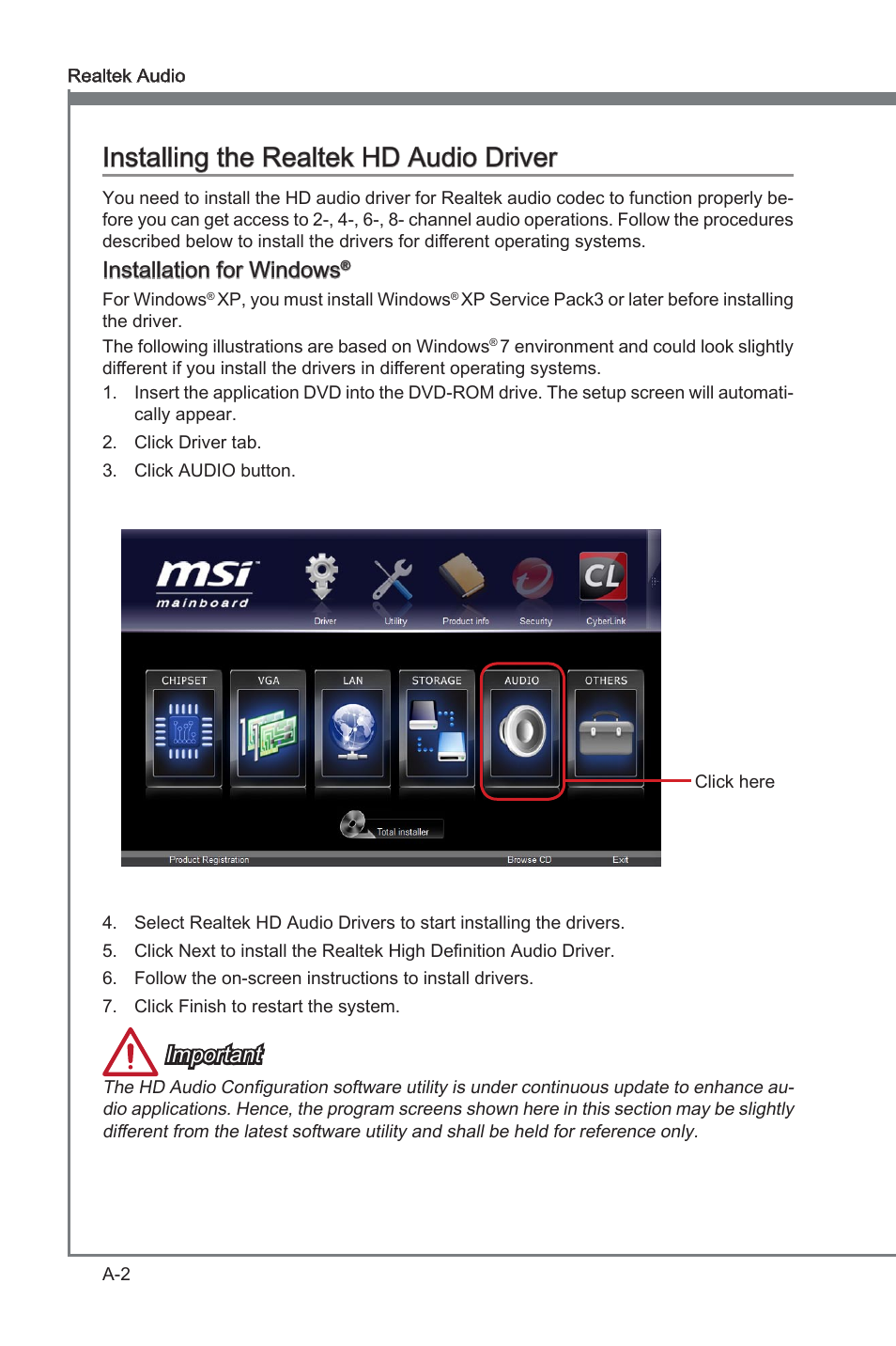 Installing the realtek hd audio driver, Installng the realtek hd audo drver, Installaton for wndows | Important | MSI B75MA-G43 User Manual | Page 64 / 76