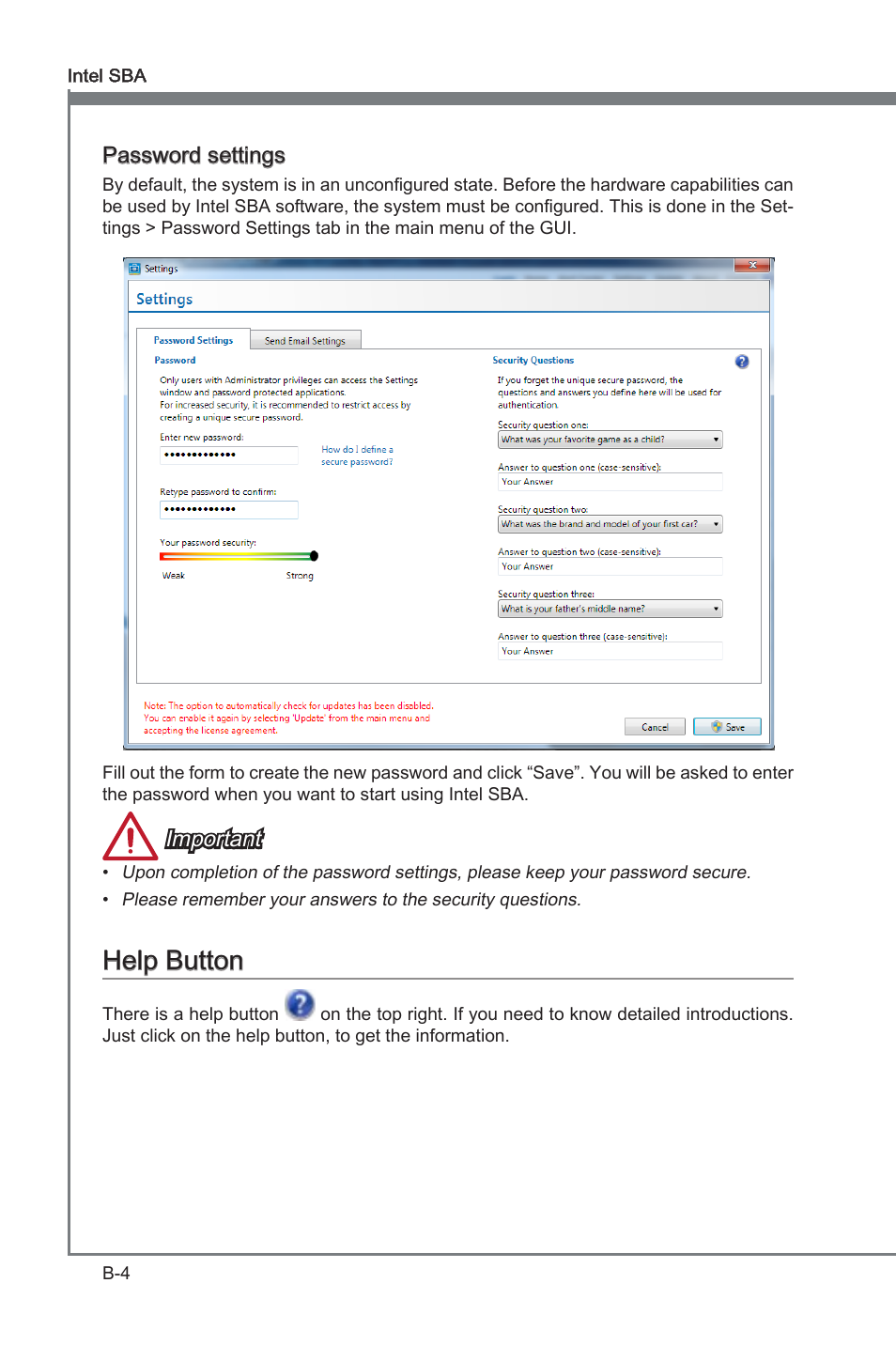 Help button, Password settngs, Important | MSI B75MA-G43 User Manual | Page 72 / 76