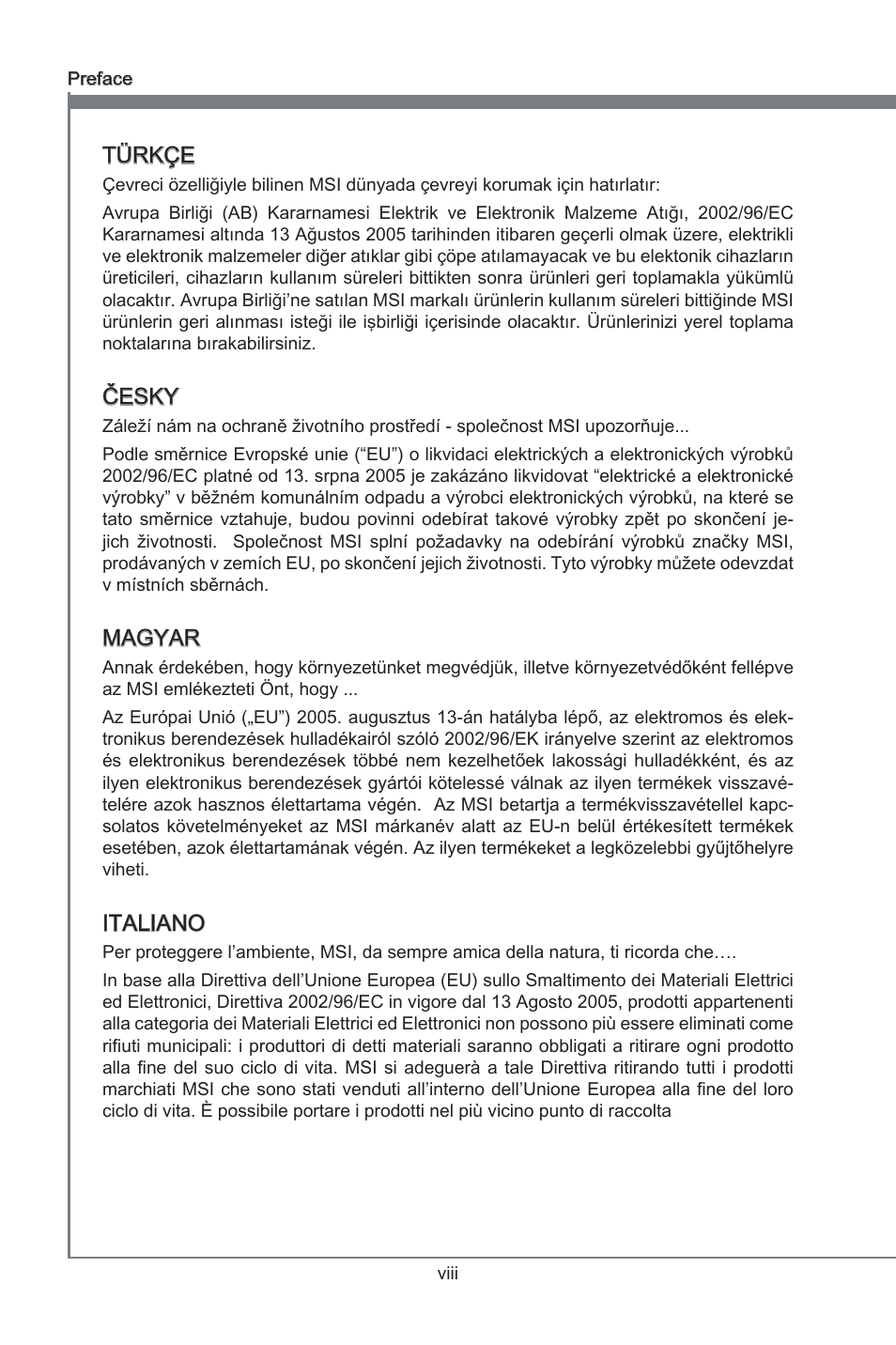 Preface, Türkçe, Česky | Magyar, Italiano | MSI B75MA-G43 User Manual | Page 8 / 76