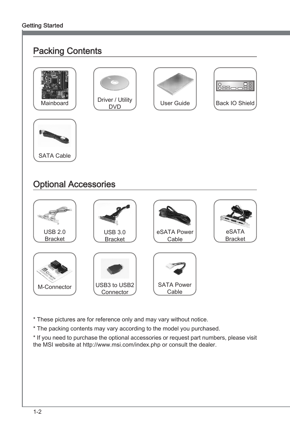 Packing contents, Optional accessories, Packng contents -2 optonal accessores -2 | Packng contents, Optonal accessores | MSI CSM-B75MA-P45 User Manual | Page 12 / 68
