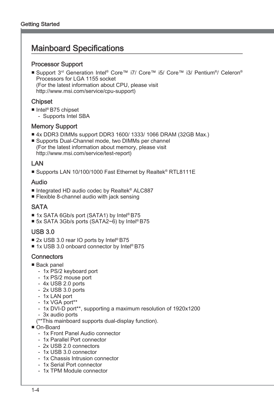 Mainboard specifications, Manboard specficatons -4, Manboard specficatons | MSI CSM-B75MA-P45 User Manual | Page 14 / 68