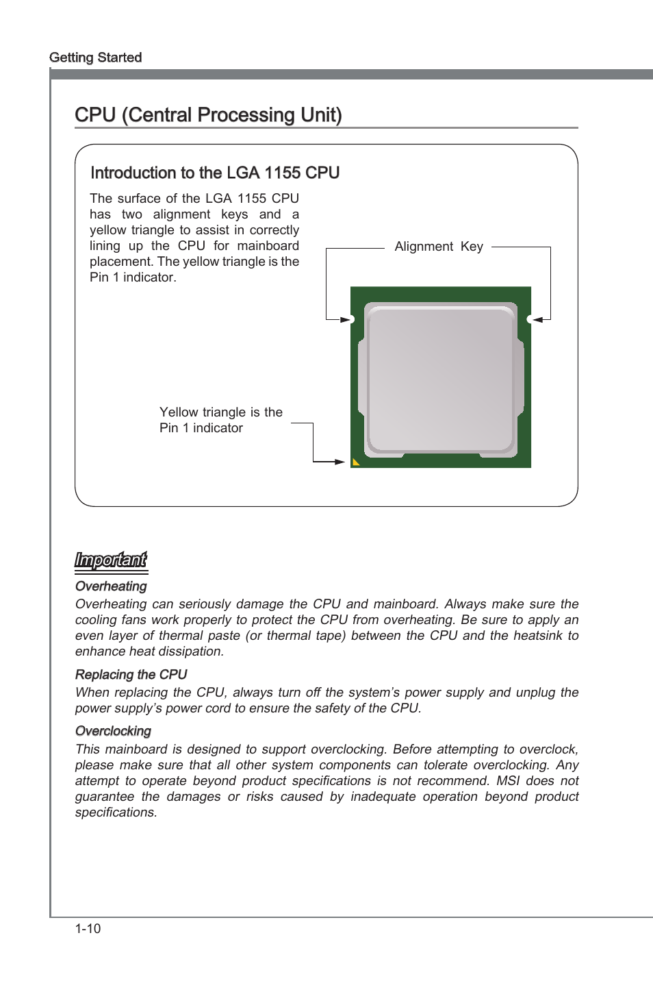 Cpu (central processing unit), Cpu (central processng unt) -10, Lga 1155 cpu socket | Cpu (central processng unt), Introducton to the lga 1155 cpu, Important | MSI CSM-B75MA-P45 User Manual | Page 20 / 68