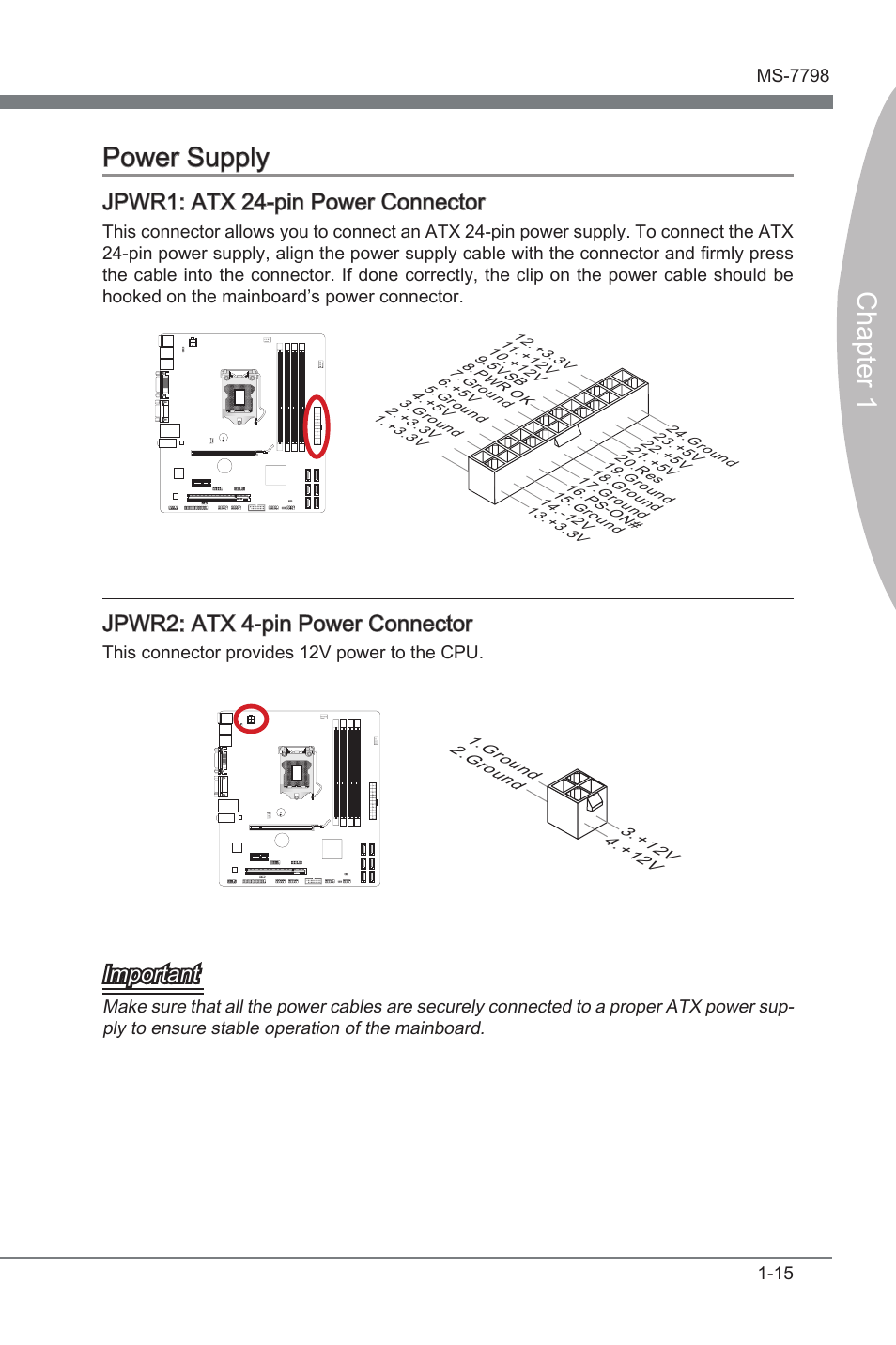 Power supply, Power supply -15, Jpwr1 | Atx 24-pn power connector, Jpwr2, Atx 4-pn power connector, Chapter 1 power supply, Jpwr1: atx 24-pn power connector, Jpwr2: atx 4-pn power connector, Important | MSI CSM-B75MA-P45 User Manual | Page 25 / 68