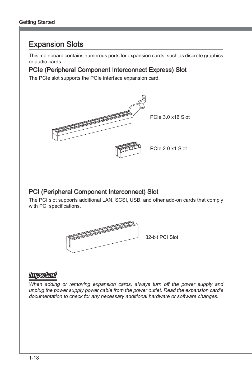 Expansion slots, Expanson slots -18, Pci1 | Pci expanson slot, On slot, Expanson slots, Pci (perpheral component interconnect) slot, Important | MSI CSM-B75MA-P45 User Manual | Page 28 / 68