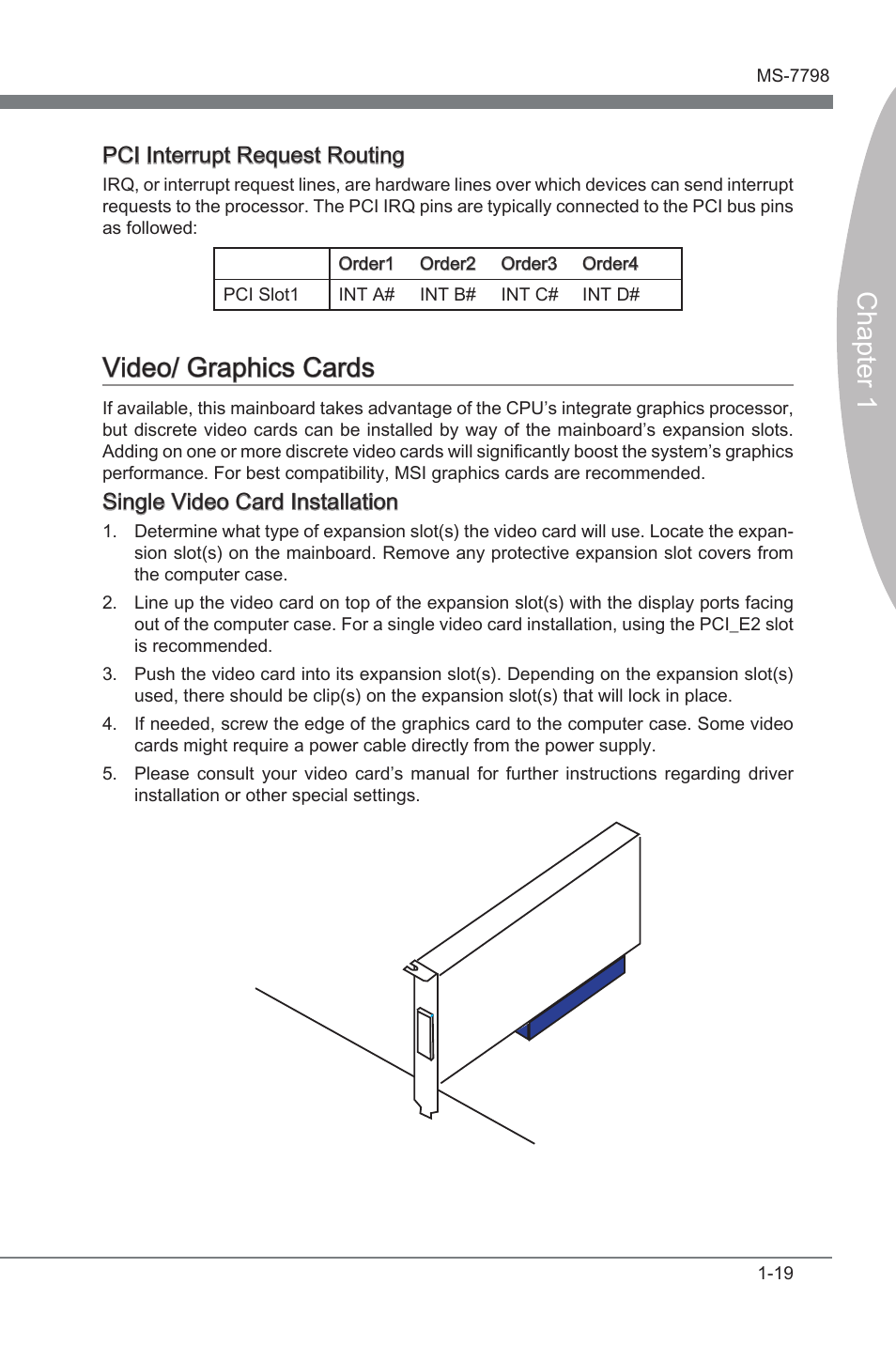 Video/ graphics cards, Vdeo/ graphcs cards -19, Chapter 1 | Vdeo/ graphcs cards, Pci interrupt request routng, Sngle vdeo card installaton | MSI CSM-B75MA-P45 User Manual | Page 29 / 68