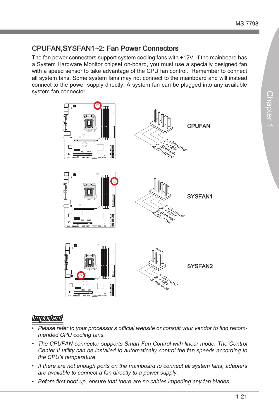 Cpufan,sysfan1~2, Fan power connectors, Chapter 1 | Cpufan,sysfan1~2: fan power connectors, Important | MSI CSM-B75MA-P45 User Manual | Page 31 / 68