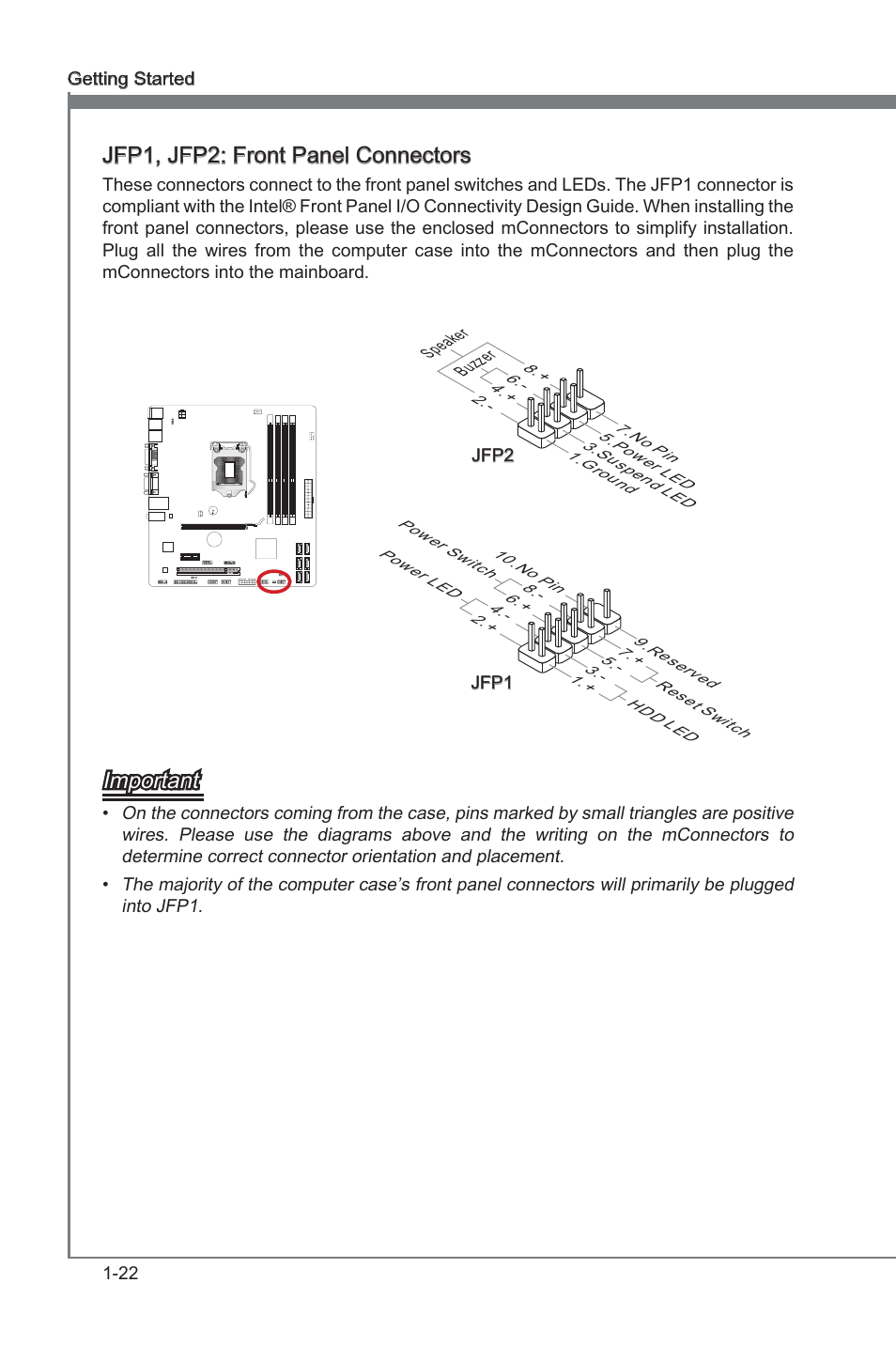 Jfp1, jfp2, Front panel connectors, Jfp1, jfp2: front panel connectors | Important | MSI CSM-B75MA-P45 User Manual | Page 32 / 68