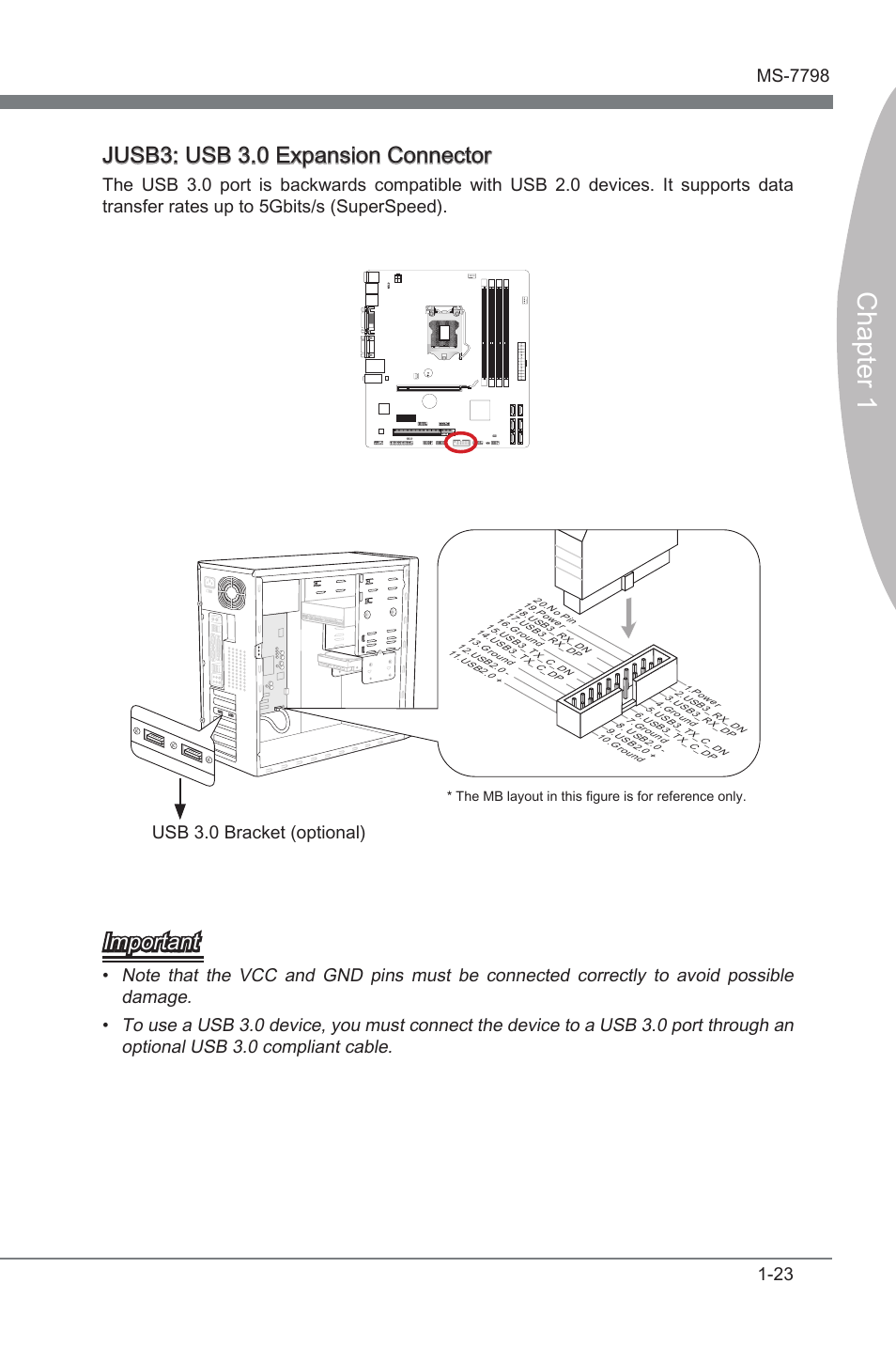 Jusb3, Usb 3.0 expanson connector, Chapter 1 | Jusb3: usb 3.0 expanson connector, Important, Usb 3.0 bracket (optonal) | MSI CSM-B75MA-P45 User Manual | Page 33 / 68