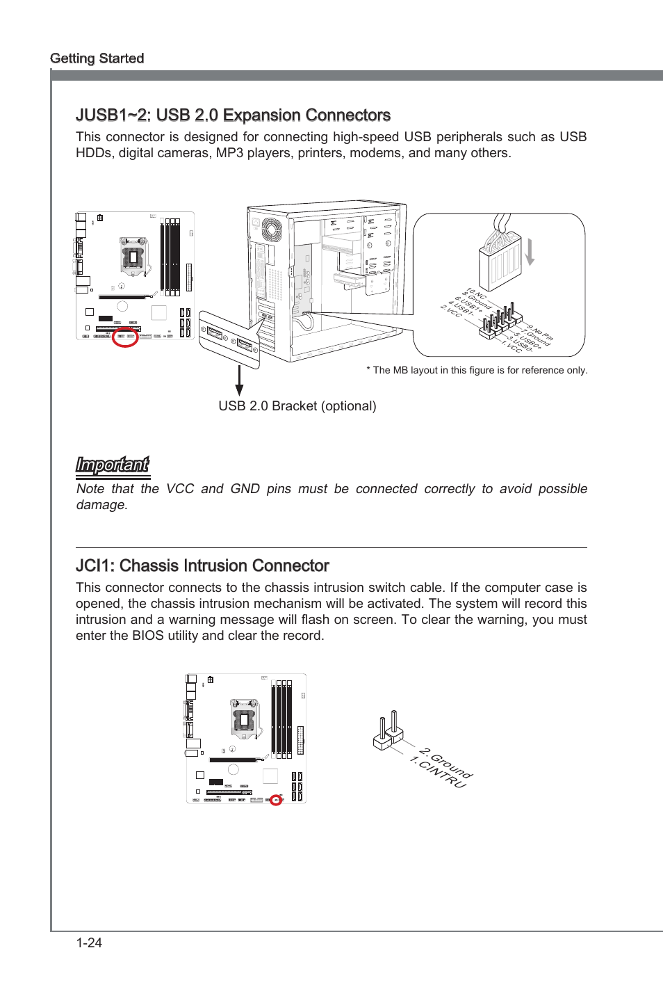 Jci1, Chasss intruson connector, Jusb1~2 | Usb 2.0 expanson connectors, Jusb1~2: usb 2.0 expanson connectors, Important, Jci1: chasss intruson connector, 24 gettng started, Usb 2.0 bracket (optonal) | MSI CSM-B75MA-P45 User Manual | Page 34 / 68