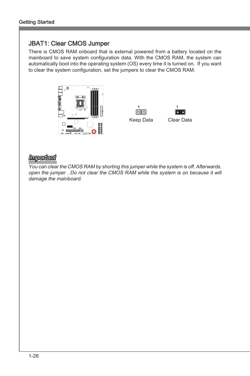 Jbat1, Clear cmos jumper, Jbat1: clear cmos jumper | Important | MSI CSM-B75MA-P45 User Manual | Page 38 / 68