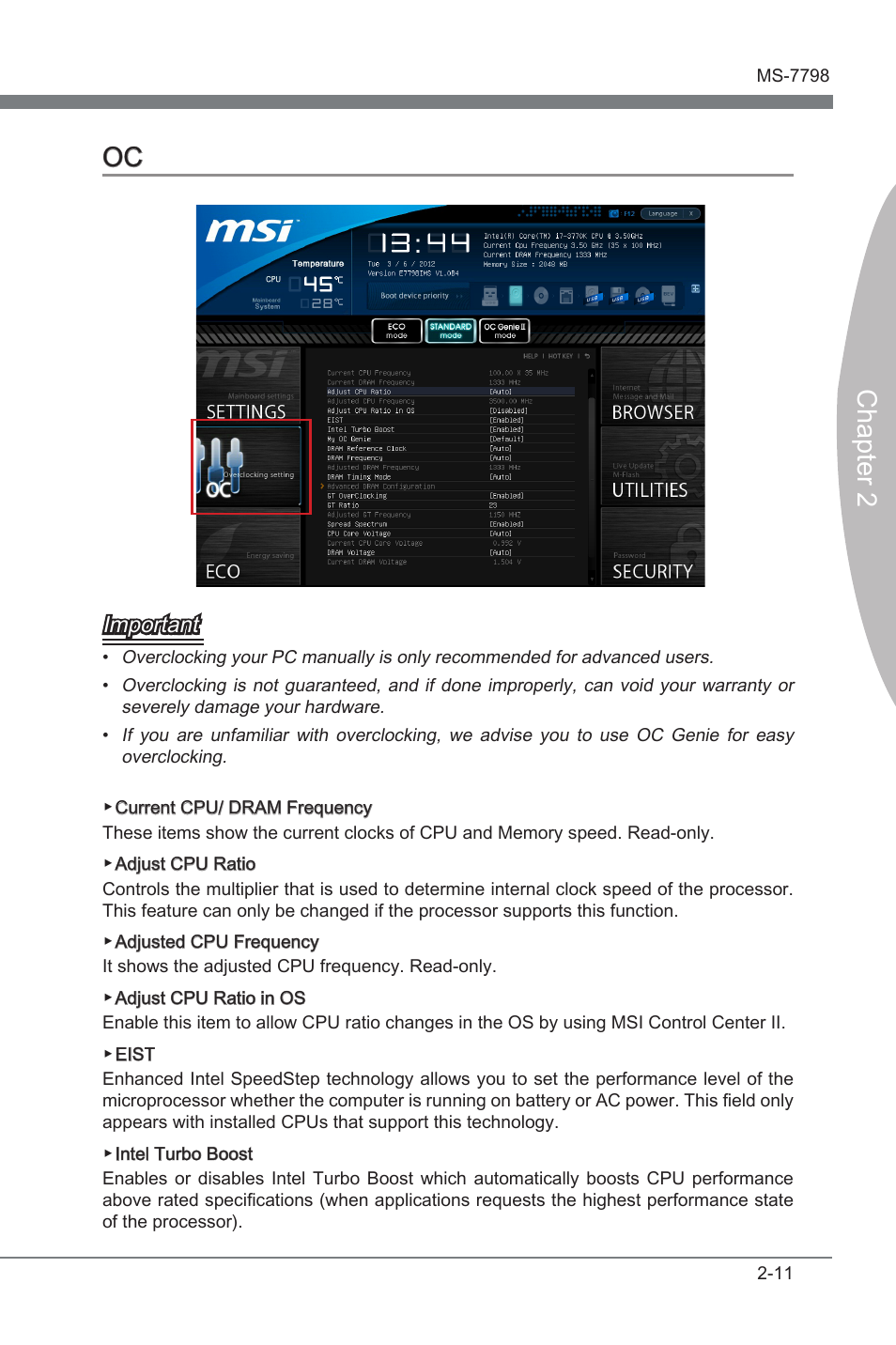 Oc -11, Chapter 2 oc, Important | MSI CSM-B75MA-P45 User Manual | Page 49 / 68
