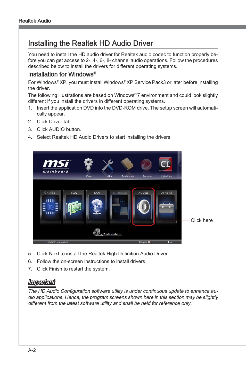 Installing the realtek hd audio driver, Installng the realtek hd audo drver, Installaton for wndows | Important | MSI CSM-B75MA-P45 User Manual | Page 62 / 68
