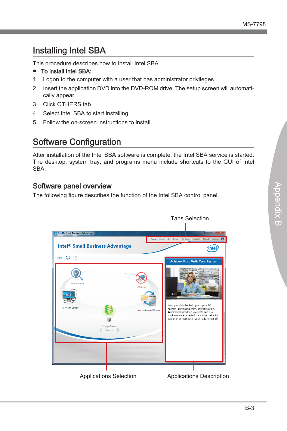 Installing intel sba, Software configuration, Append x b installng intel sba | Software configuraton | MSI CSM-B75MA-P45 User Manual | Page 67 / 68