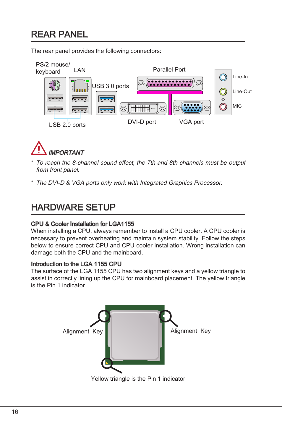 Rear panel, Hardware setup | MSI B75MA-P33 User Manual | Page 16 / 204