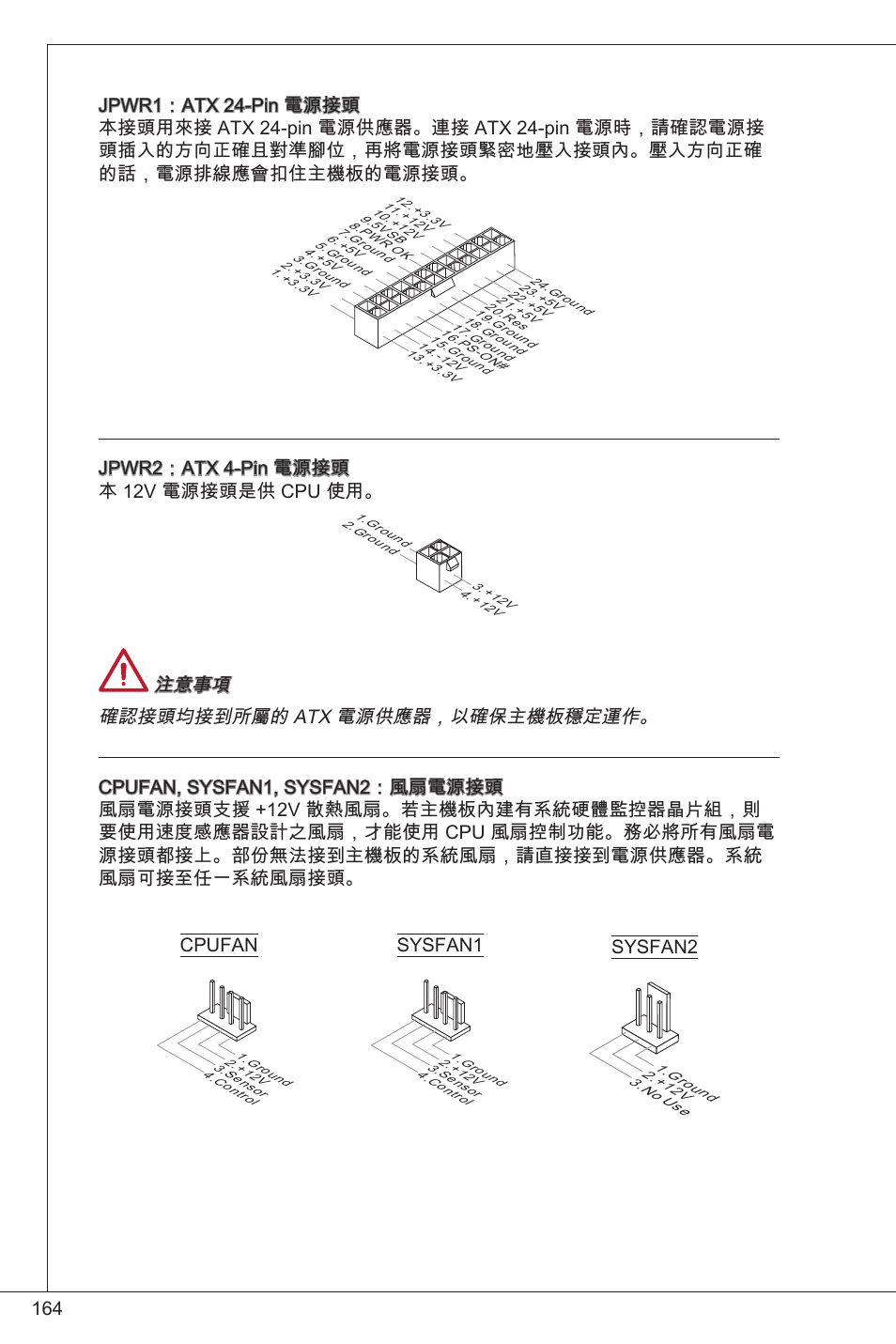Jpwr2：atx 4-pin 電源接頭 本 2v 電源接頭是供 cpu 使用, Cpufan sysfan2 sysfan | MSI B75MA-P33 User Manual | Page 164 / 204