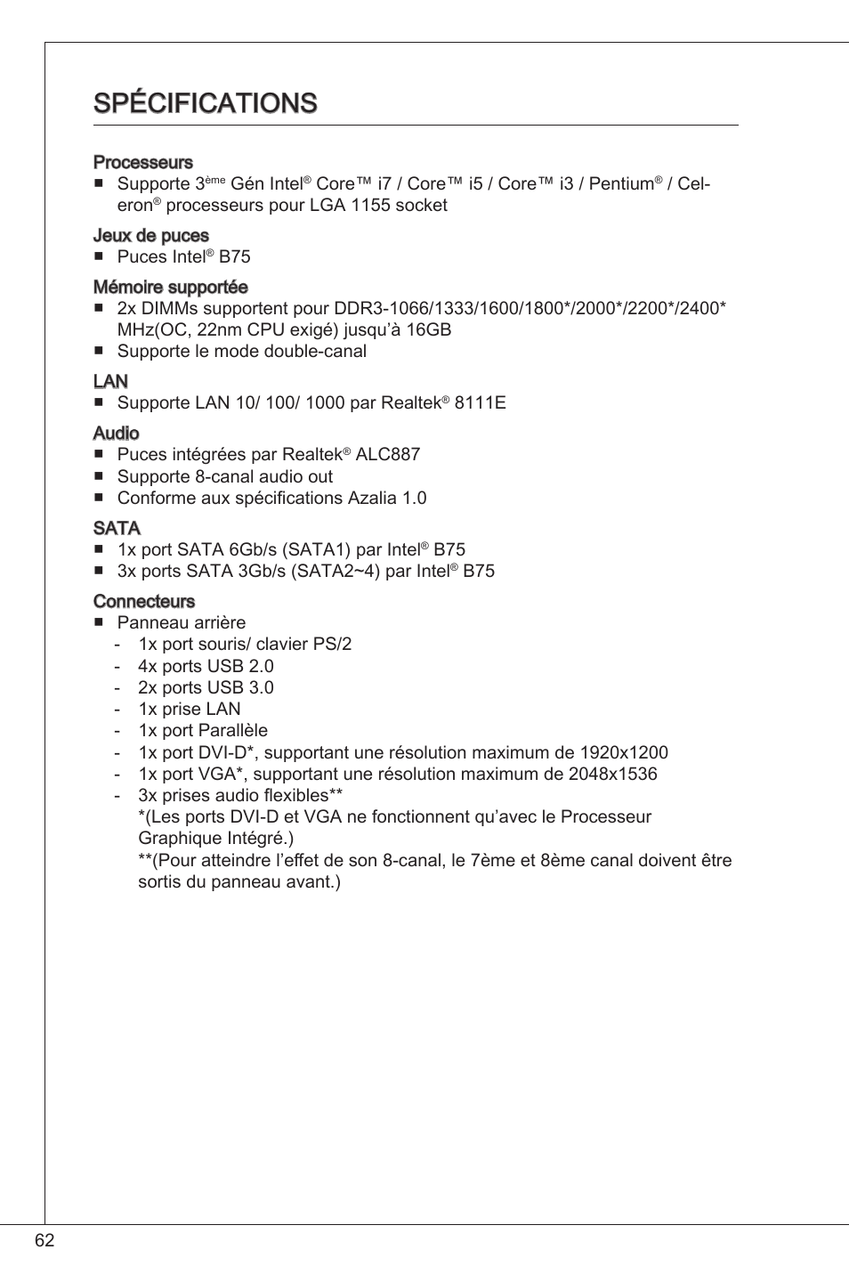 Spécifications | MSI B75MA-P33 User Manual | Page 62 / 204