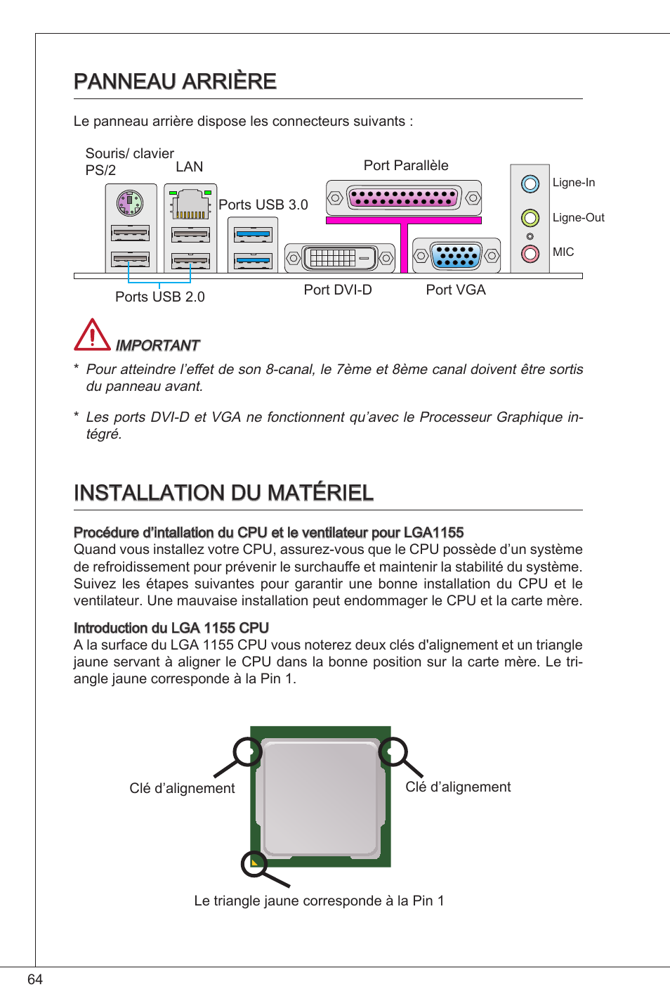 Panneau arrière, Installation du matériel | MSI B75MA-P33 User Manual | Page 64 / 204