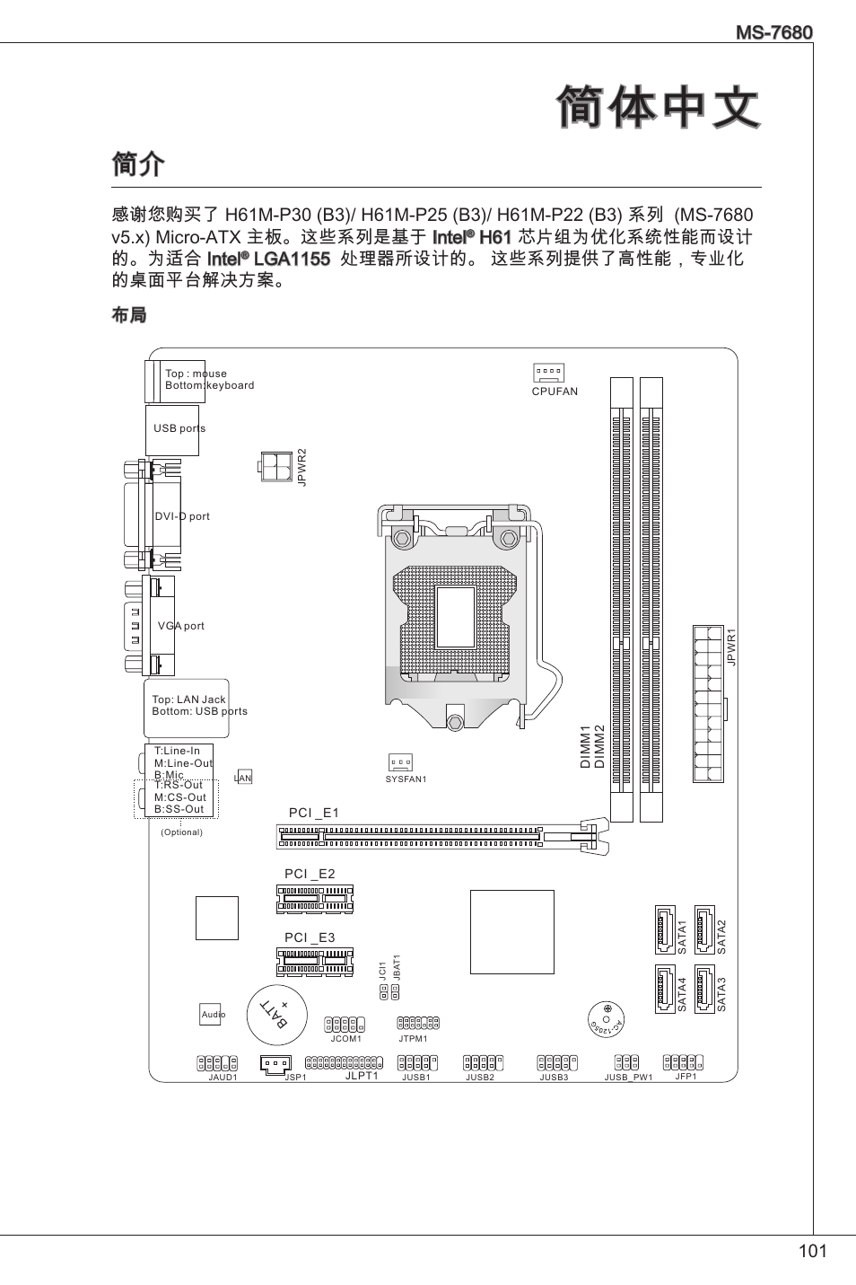 简体中文, H6 芯片组为优化系统性能而设计 的。为适合 intel, Lga55 处理器所设计的。 这些系列提供了高性能，专业化 的桌面平台解决方案。 布局 | MSI H61M-P25 (B3) User Manual | Page 101 / 155