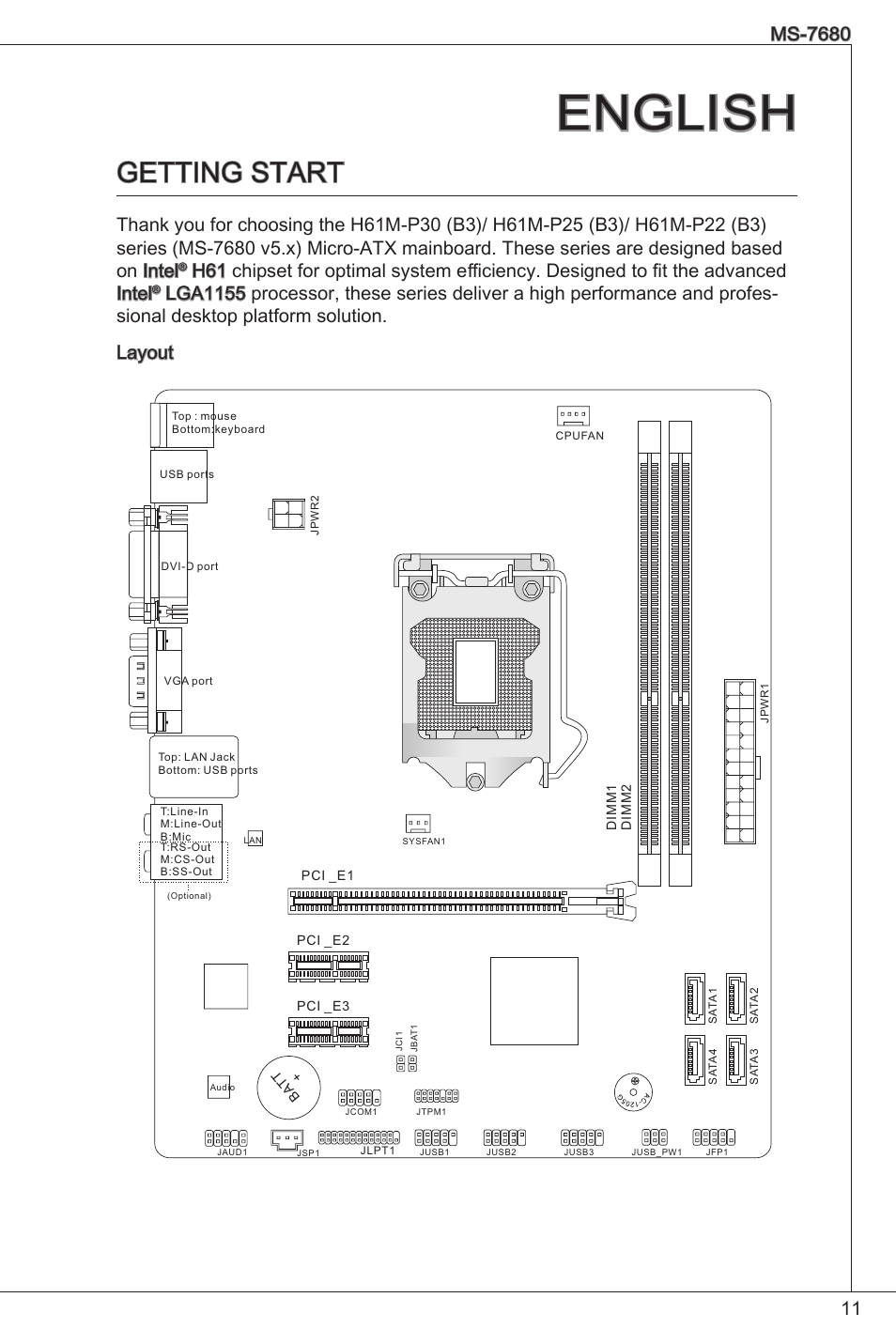 English, Getting start, Ms-7680 | MSI H61M-P25 (B3) User Manual | Page 11 / 155