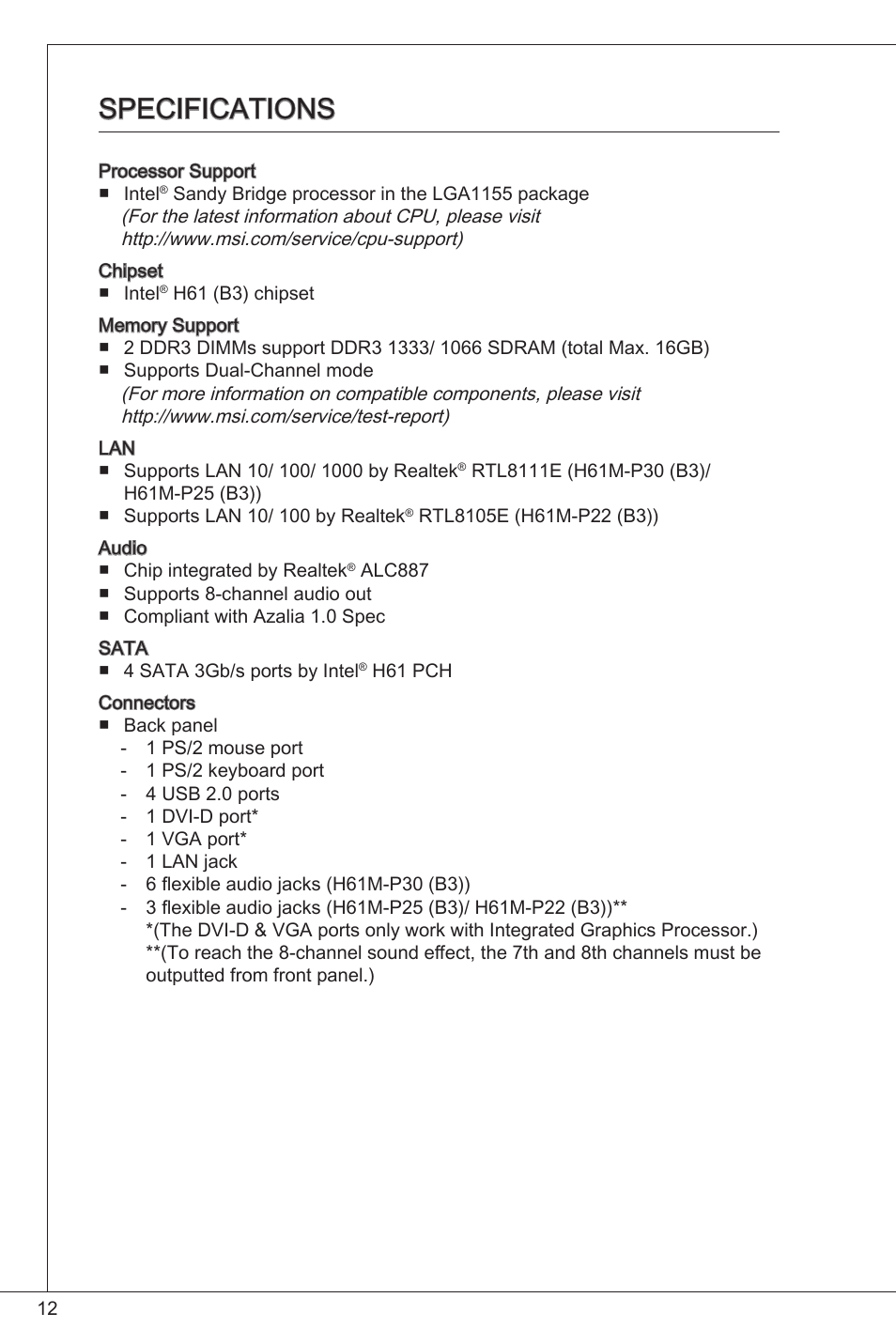 Specifications | MSI H61M-P25 (B3) User Manual | Page 12 / 155