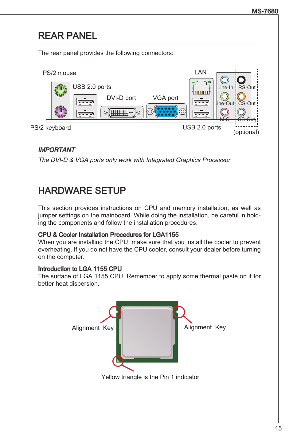 Rear panel, Hardware setup | MSI H61M-P25 (B3) User Manual | Page 15 / 155