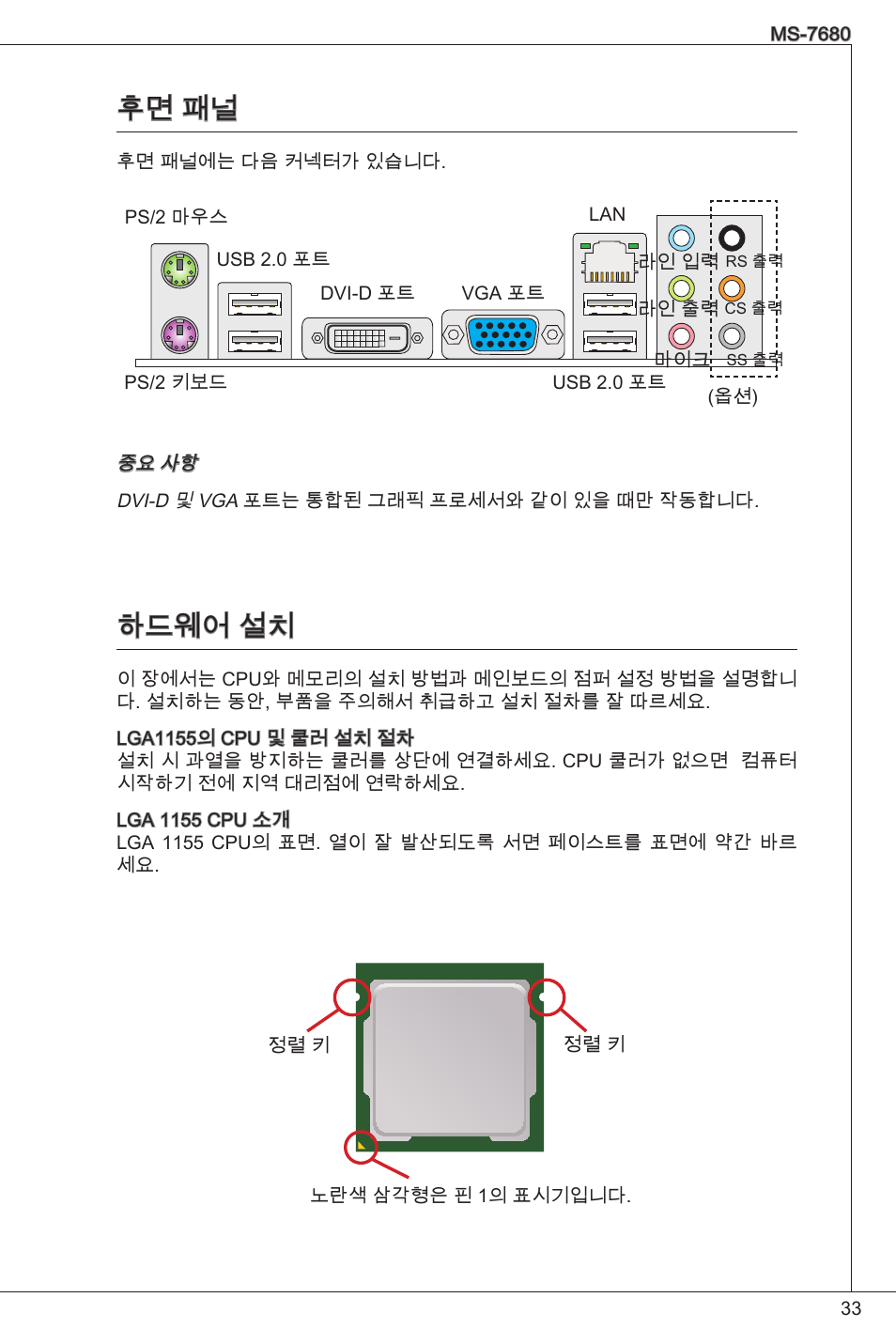 후면 패널 하드웨어 설치, 후면 패널, 하드웨어 설치 | MSI H61M-P25 (B3) User Manual | Page 33 / 155