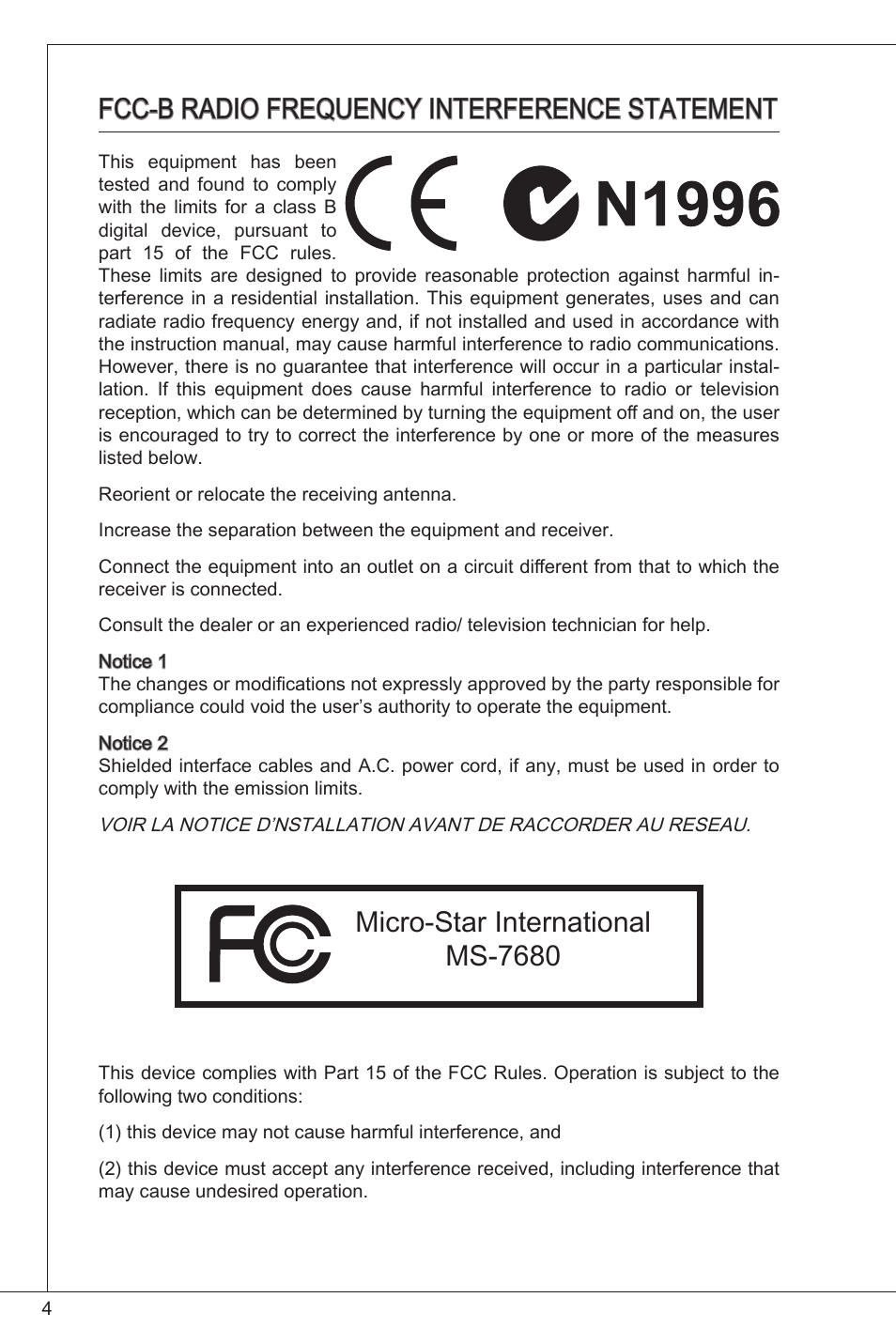 Fcc-b radio frequency interference statement, Micro-star international ms-7680 | MSI H61M-P25 (B3) User Manual | Page 4 / 155