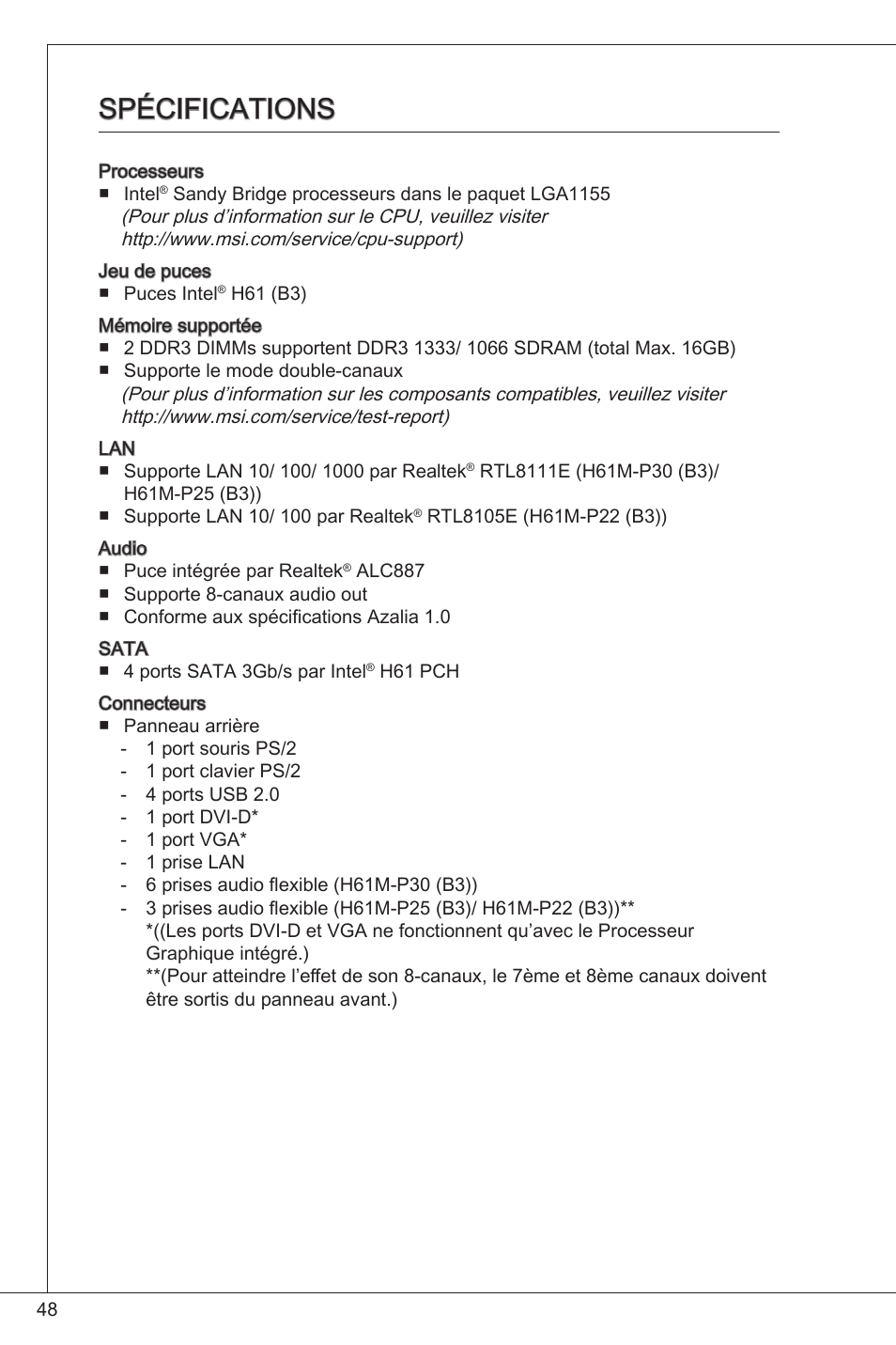 Spécifications | MSI H61M-P25 (B3) User Manual | Page 48 / 155