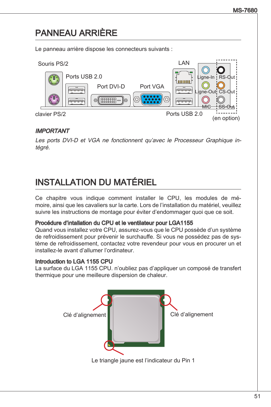 Panneau arrière  installation du matériel, Panneau arrière, Installation du matériel | MSI H61M-P25 (B3) User Manual | Page 51 / 155