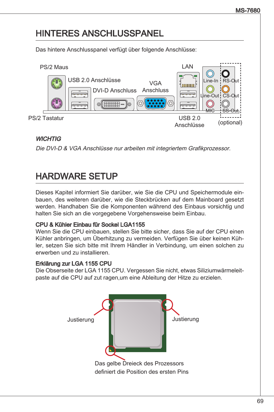 Hinteres anschlusspanel hardware setup, Hinteres anschlusspanel, Hardware setup | MSI H61M-P25 (B3) User Manual | Page 69 / 155