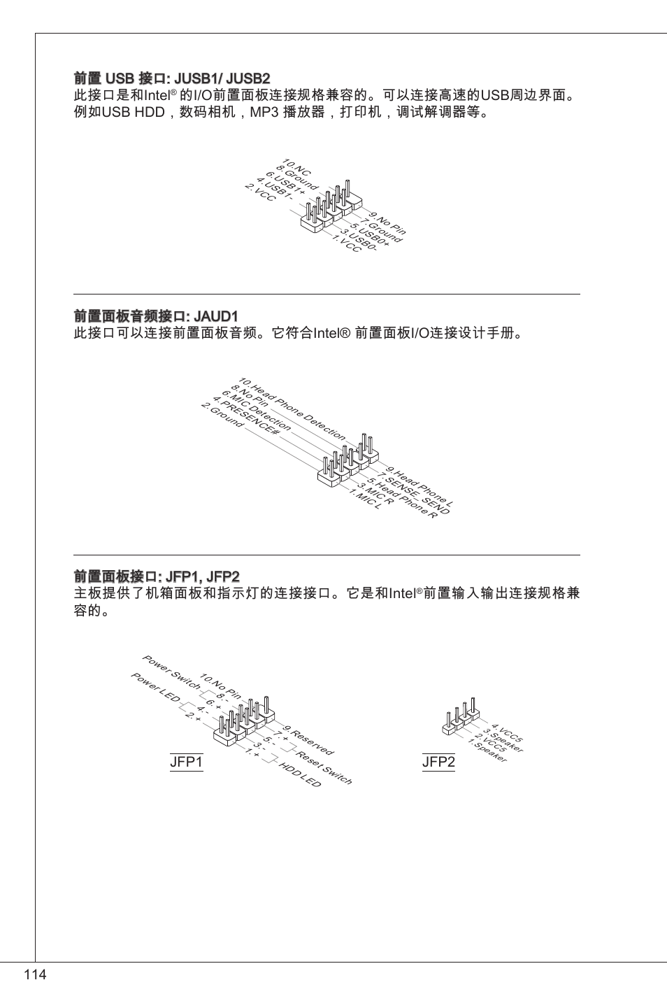 4 前置 usb 接口: jusb/ jusb2 此接口是和intel, 前置面板接口: jfp, jfp2 主板提供了机箱面板和指示灯的连接接口。它是和intel, 前置输入输出连接规格兼 容的 | Jfp jfp2 | MSI H61M-P20 (G3) User Manual | Page 114 / 159