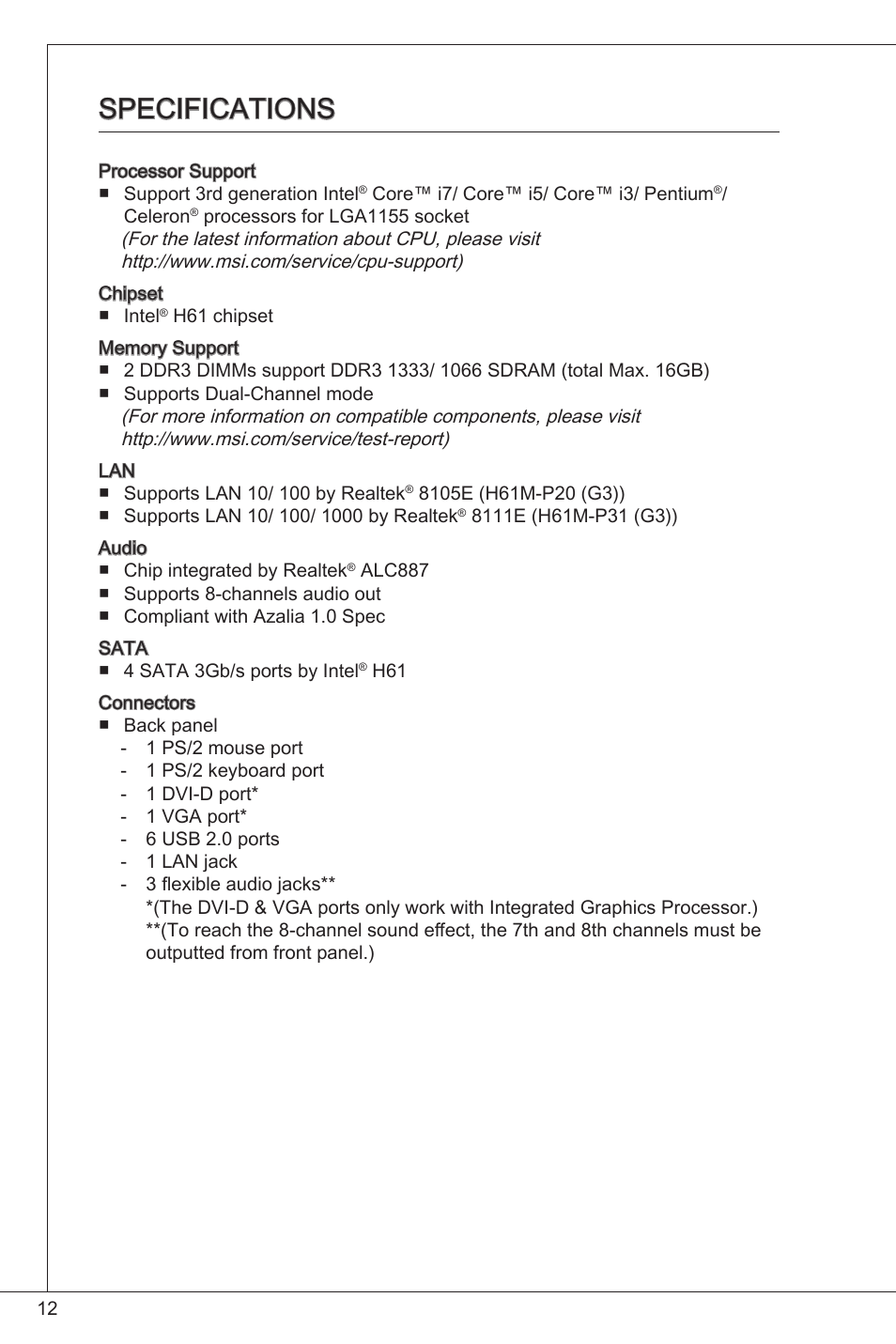 Specifications | MSI H61M-P20 (G3) User Manual | Page 12 / 159