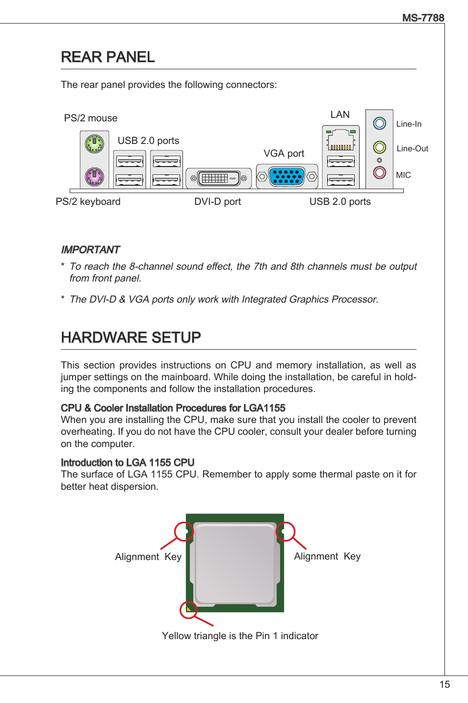 Rear panel, Hardware setup | MSI H61M-P20 (G3) User Manual | Page 15 / 159