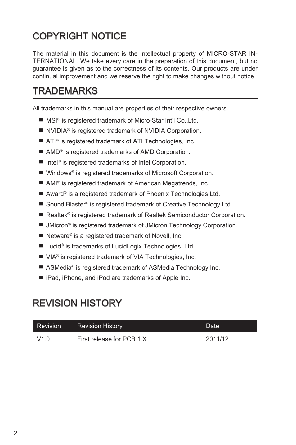 Copyright notice, Trademarks, Revision history | MSI H61M-P20 (G3) User Manual | Page 2 / 159