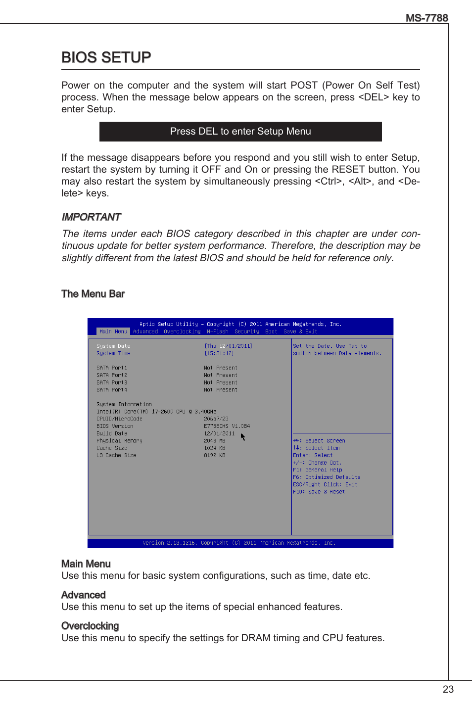 Bios setup | MSI H61M-P20 (G3) User Manual | Page 23 / 159