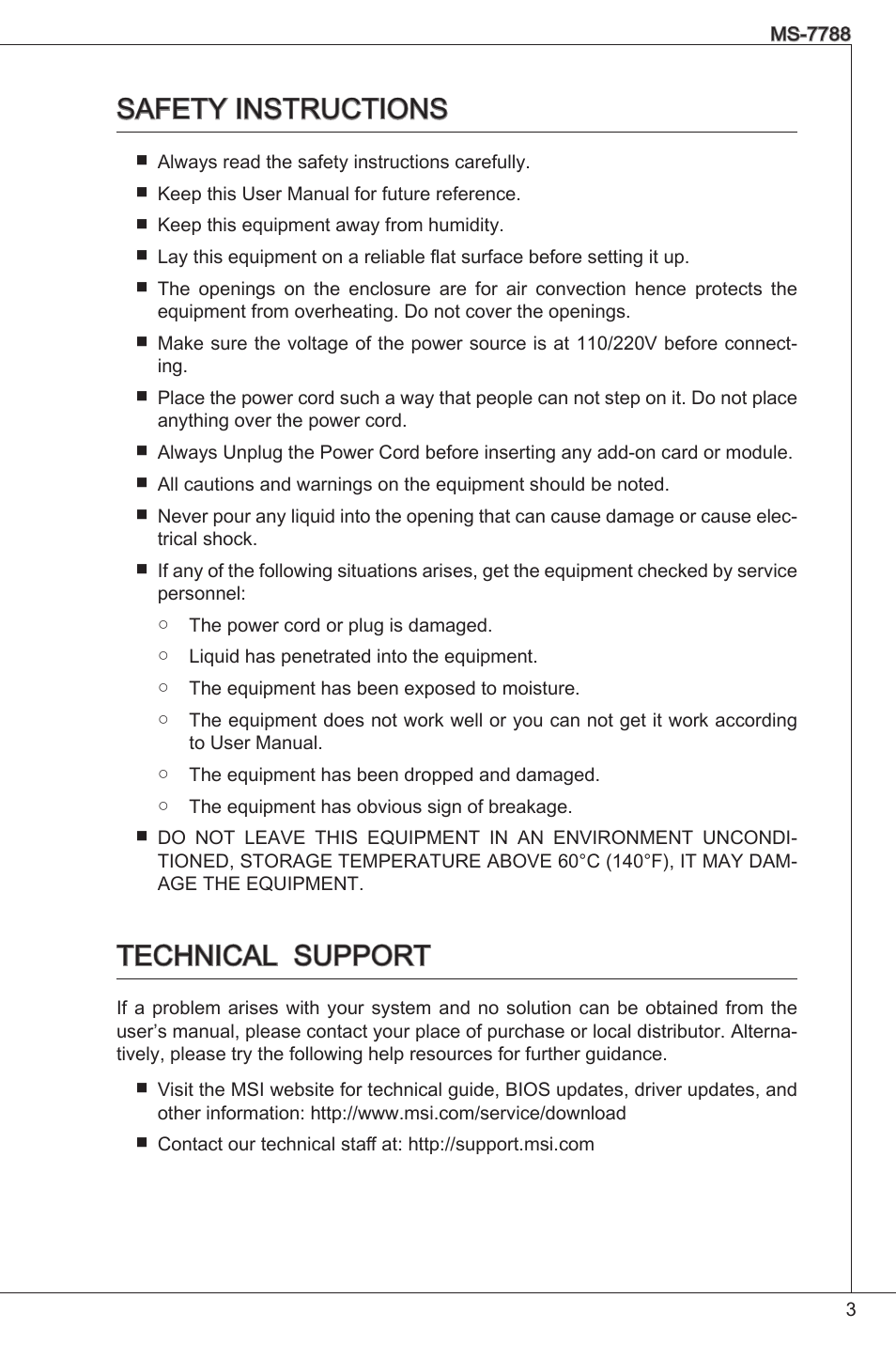 Safety instructions, Technical support | MSI H61M-P20 (G3) User Manual | Page 3 / 159