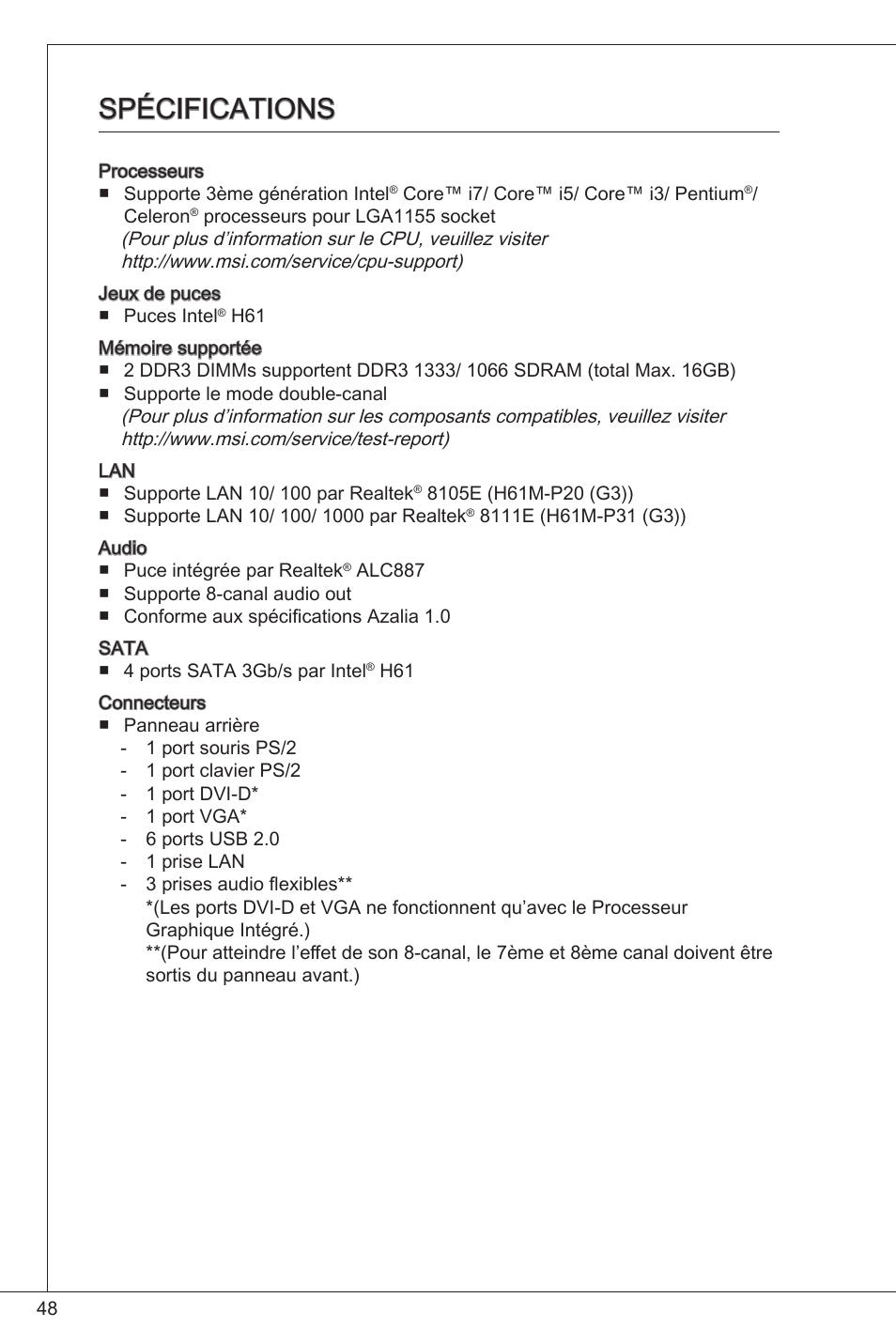 Spécifications | MSI H61M-P20 (G3) User Manual | Page 48 / 159