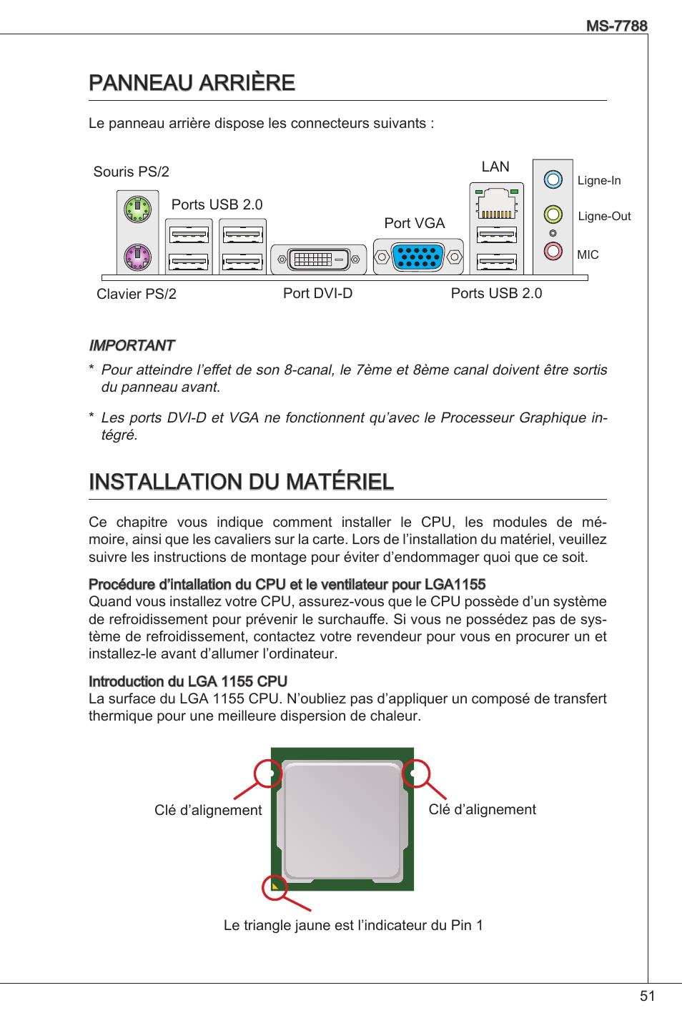 Panneau arrière, Installation du matériel, Panneau arrière  installation du matériel | MSI H61M-P20 (G3) User Manual | Page 51 / 159