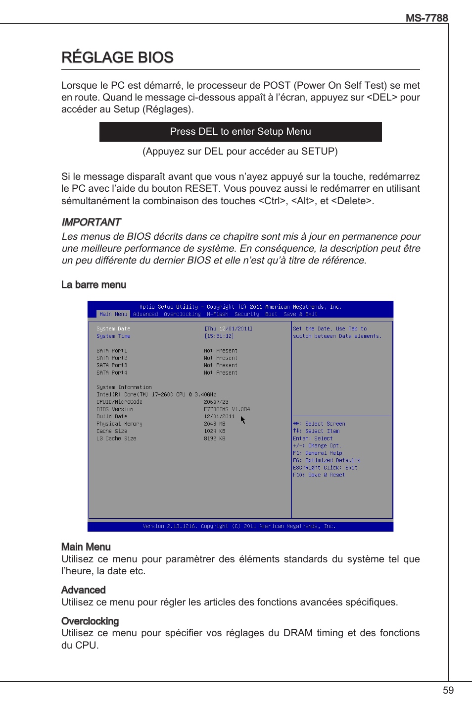 Réglage bios | MSI H61M-P20 (G3) User Manual | Page 59 / 159