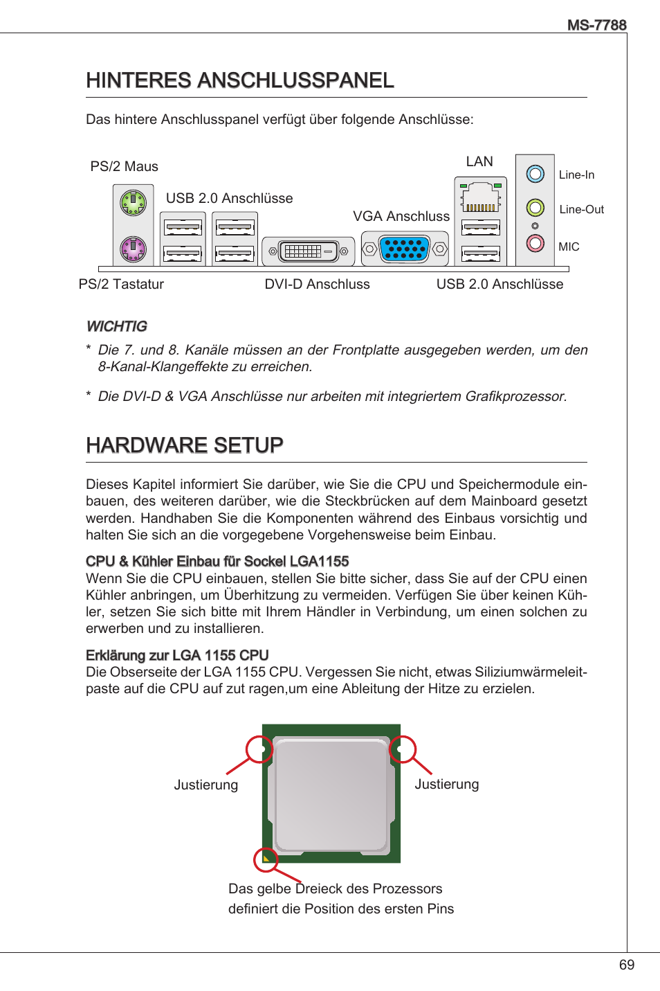 Hinteres anschlusspanel, Hardware setup, Hinteres anschlusspanel hardware setup | MSI H61M-P20 (G3) User Manual | Page 69 / 159