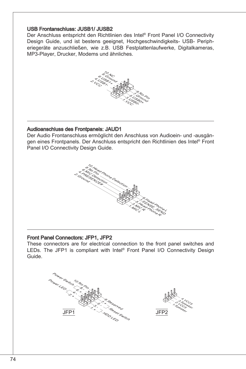 Front panel i/o connectivity design guide, Jfp jfp2 | MSI H61M-P20 (G3) User Manual | Page 74 / 159