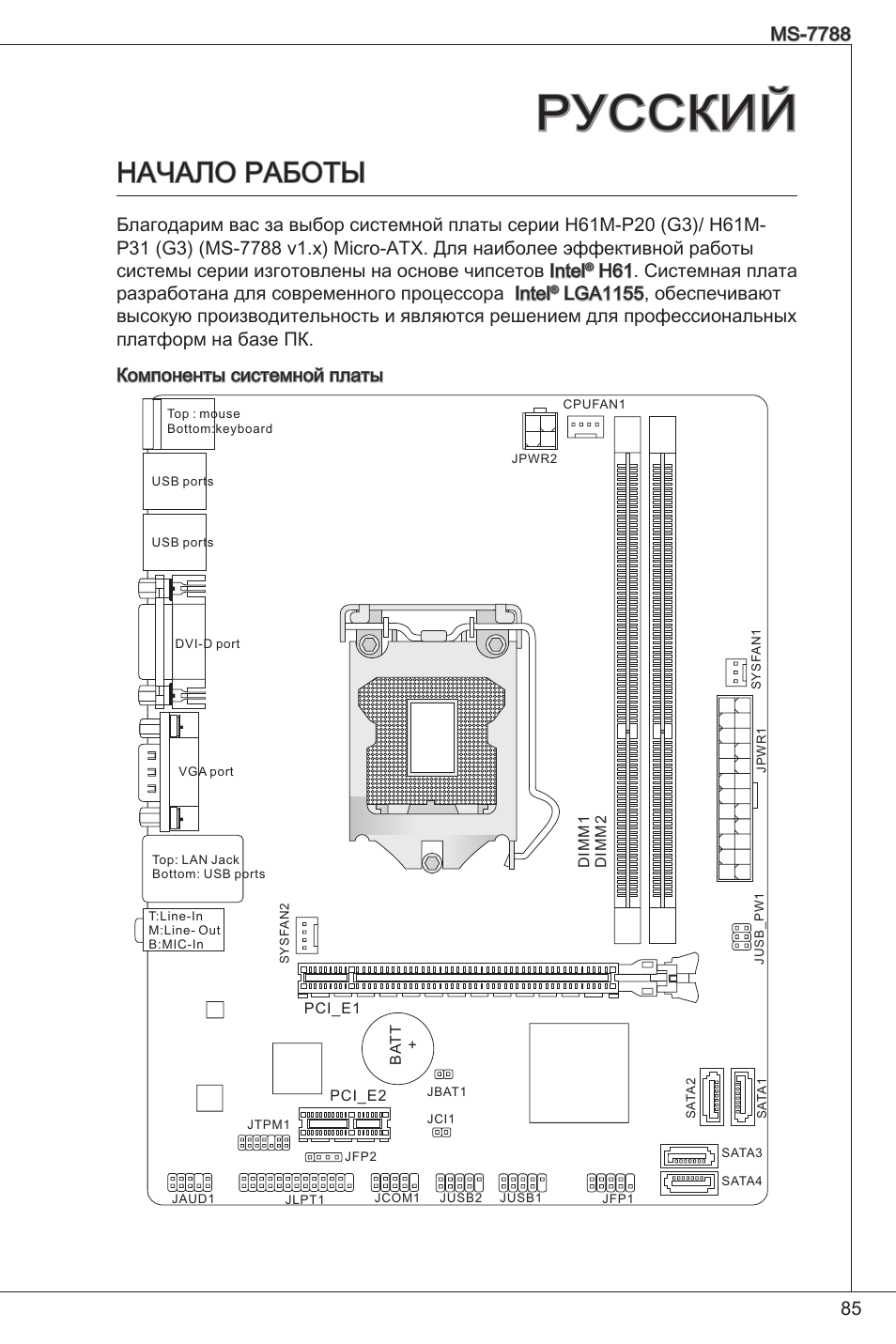 Русский, Начало работы | MSI H61M-P20 (G3) User Manual | Page 85 / 159