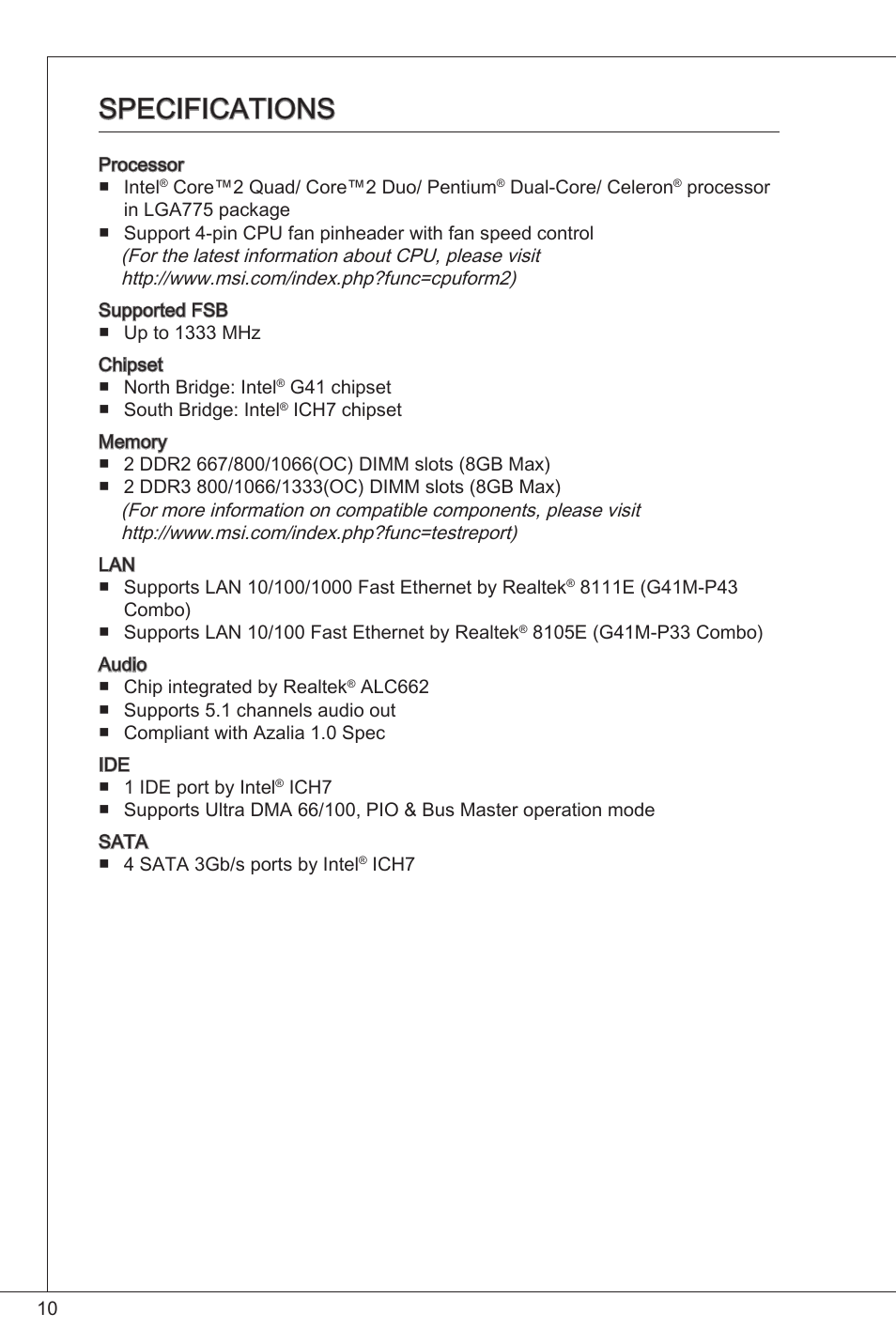 Specifications | MSI G41M-P33 Combo User Manual | Page 10 / 153