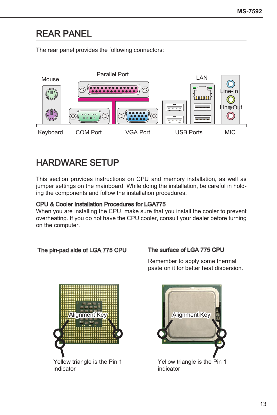 Rear panel, Hardware setup | MSI G41M-P33 Combo User Manual | Page 13 / 153